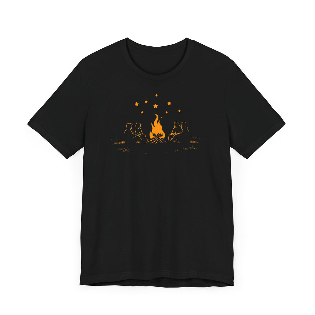 Campfire and Starry Night T-Shirt | Black Cotton Unisex Tee with Warm Bonfire Design | Perfect for Outdoor Lovers