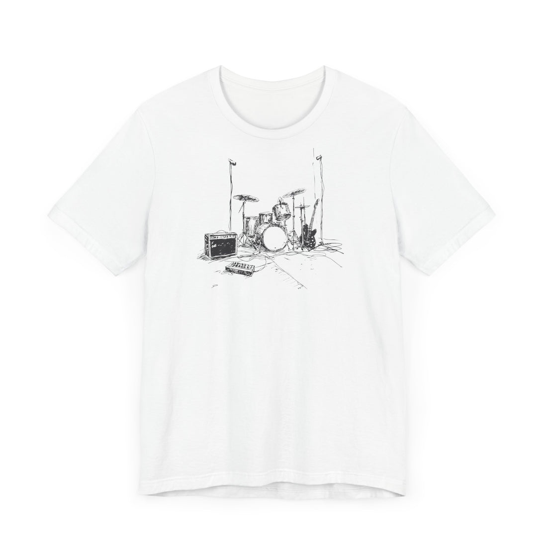 Musical Instruments Line Art T-Shirt | White Cotton Tee with Drum Set and Guitar Sketch Design | Stylish and Comfortable Unisex Shirt