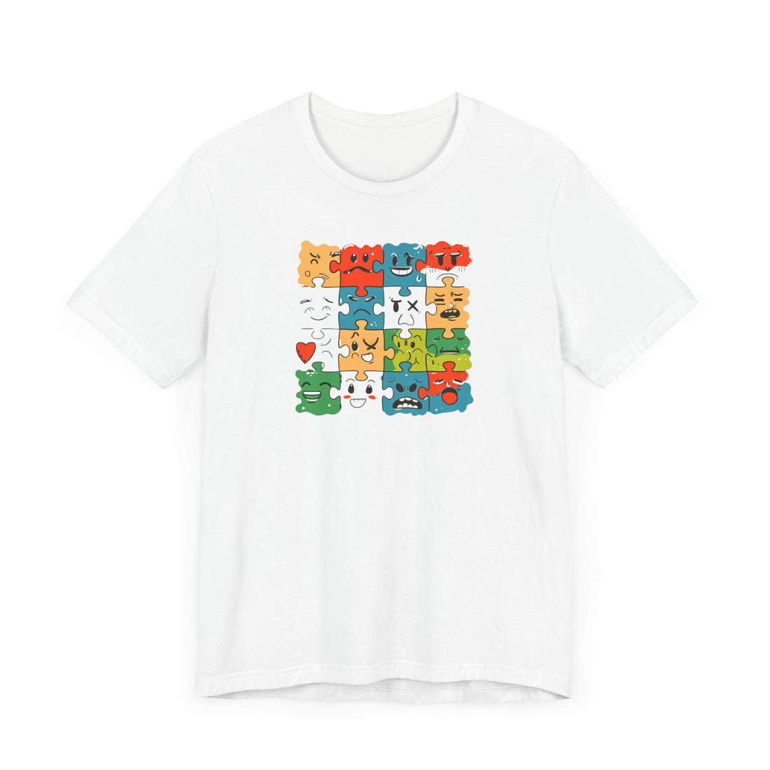 Colorful Puzzle Face Expression T-Shirt – Fun and Unique Graphic Tee for All Ages