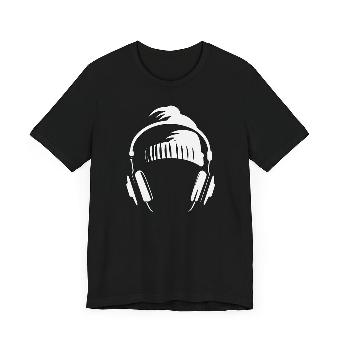 Headphones and Beanie Graphic T-Shirt | Black Cotton Tee with Minimalist Music Design | Stylish and Comfortable Unisex Shirt for Music Enthusiasts