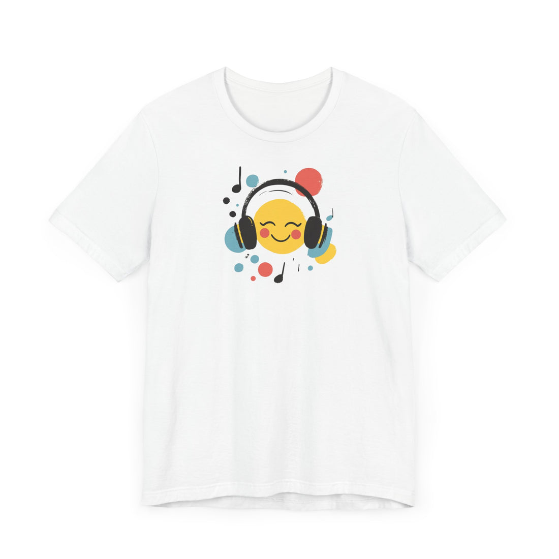 Smiley Face with Headphones T-Shirt | White Cotton Tee with Fun Music Emoji Design | Stylish and Comfortable Unisex Shirt