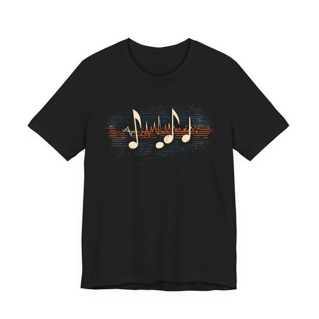 Black t-shirt with musical note design on a white background