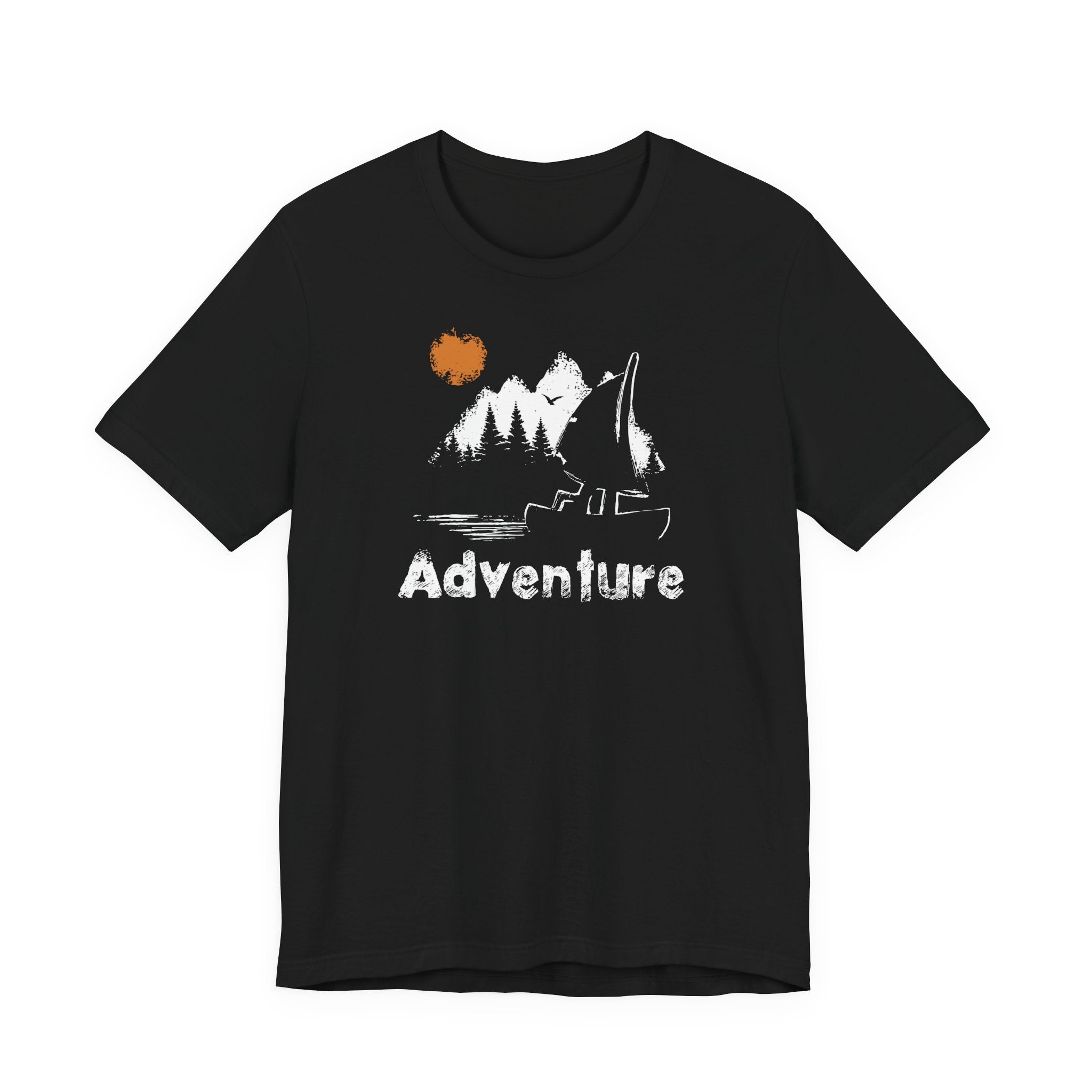 Black Adventure T-Shirt – Canoe, Forest & Sunset Design – Hiking Gift UK