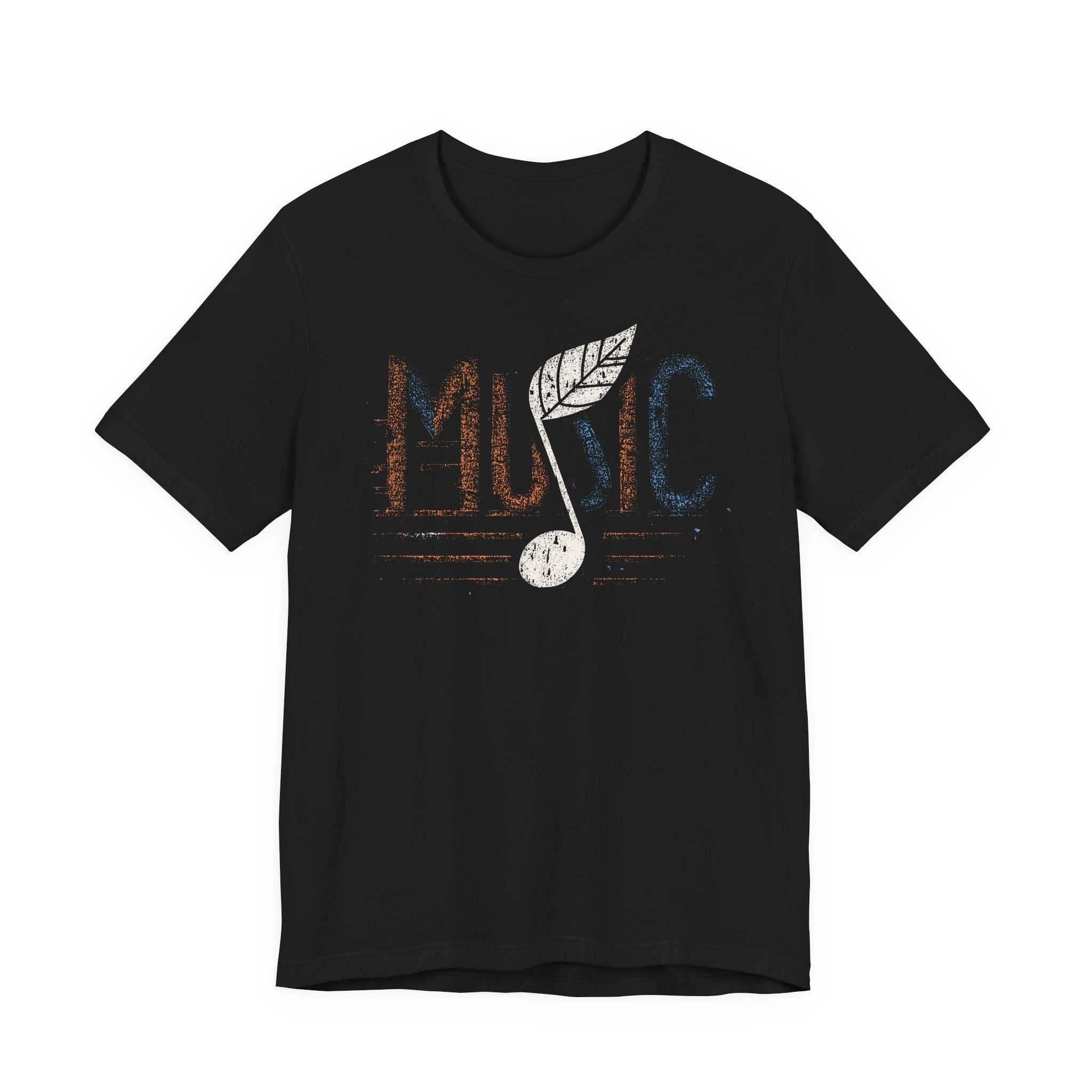 Black t-shirt with 'Music' design featuring a leaf and musical note on a white background