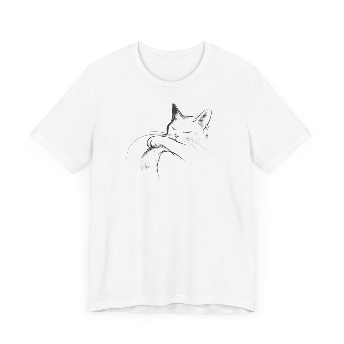 Sleeping Cat Line Art T-Shirt | White Cotton Tee with Minimalist Cat Design | Stylish and Comfortable Unisex Shirt for Cat Lovers