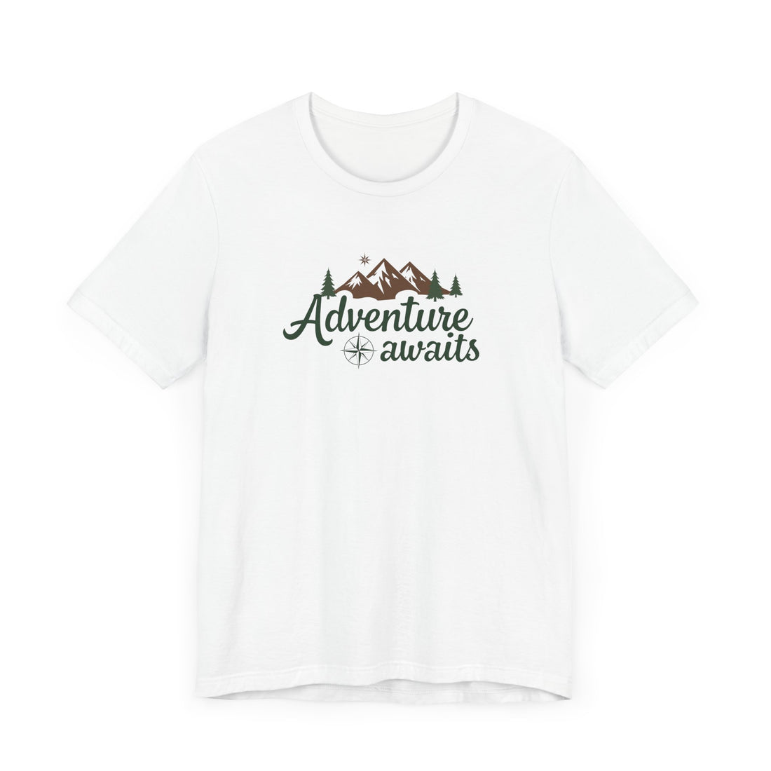 Adventure-Awaits-T-Shirt - Outdoor-Explorer-Tee - Hiking-Graphic-Shirt - Nature-Lover-Apparel - Mountain-Adventurer-Tee - White-Cotton-Unisex-Shirt - Travel-Enthusiast-Gift