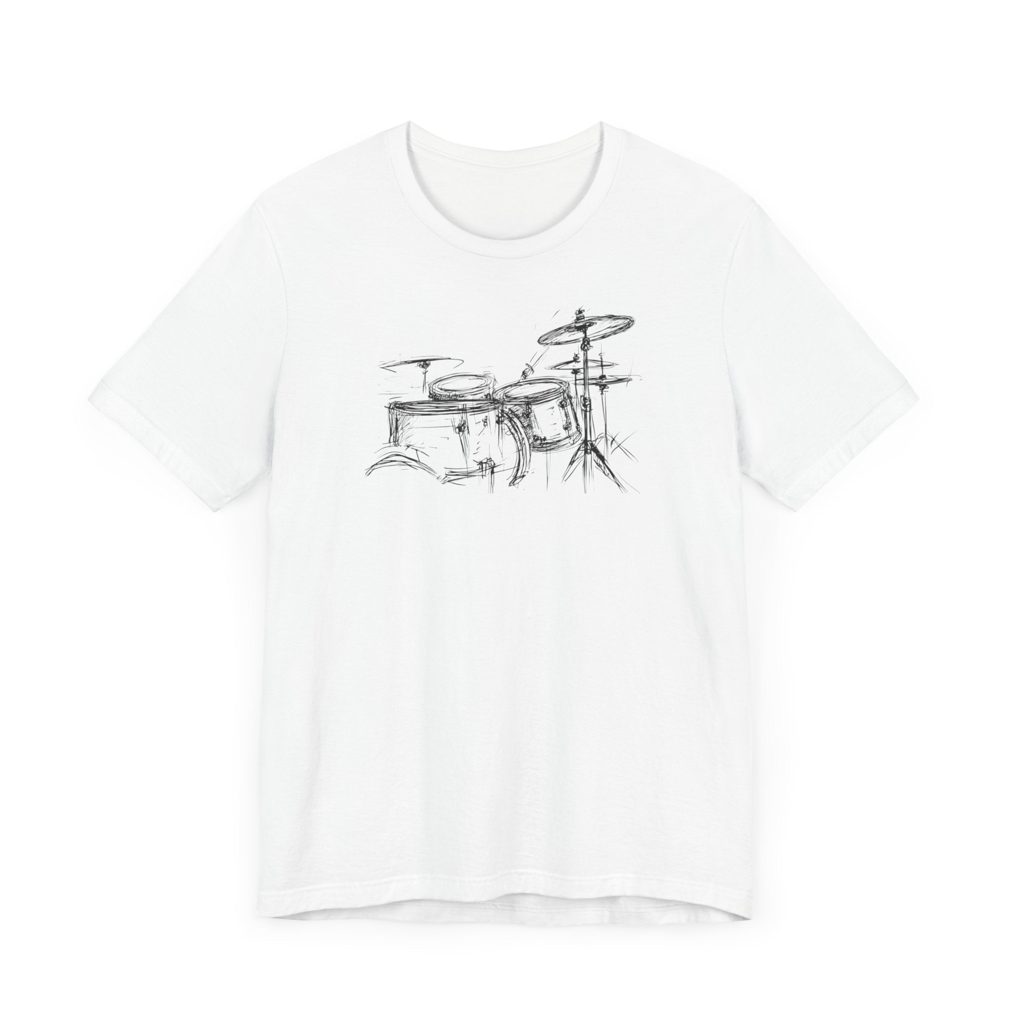 White cotton t-shirt with a hand-drawn artistic sketch of a drum kit in the center.