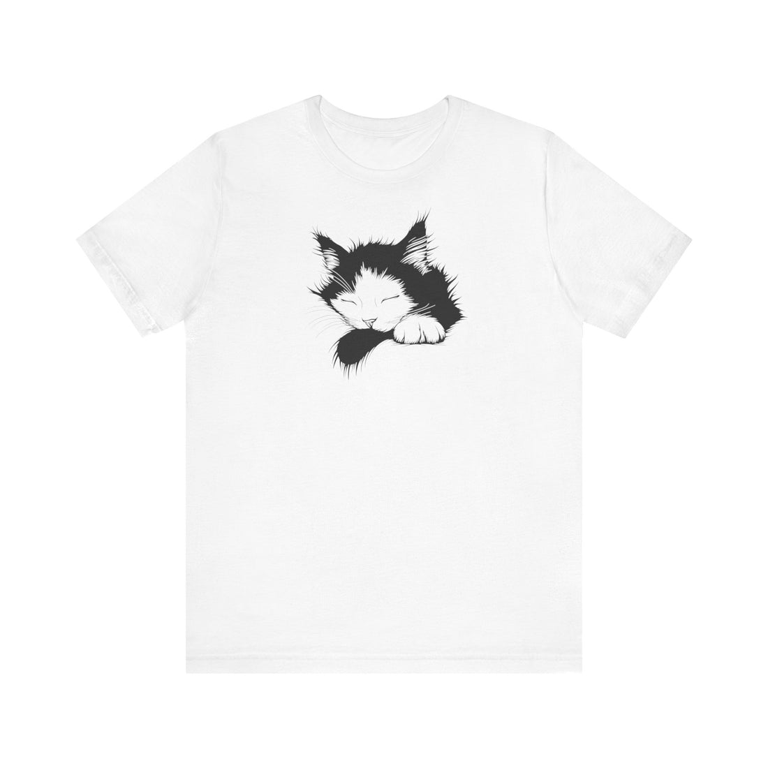 Sleeping Cat T-Shirt | White Cotton Tee with Black and White Cat Design | Comfortable and Stylish Unisex Shirt for Cat Lovers