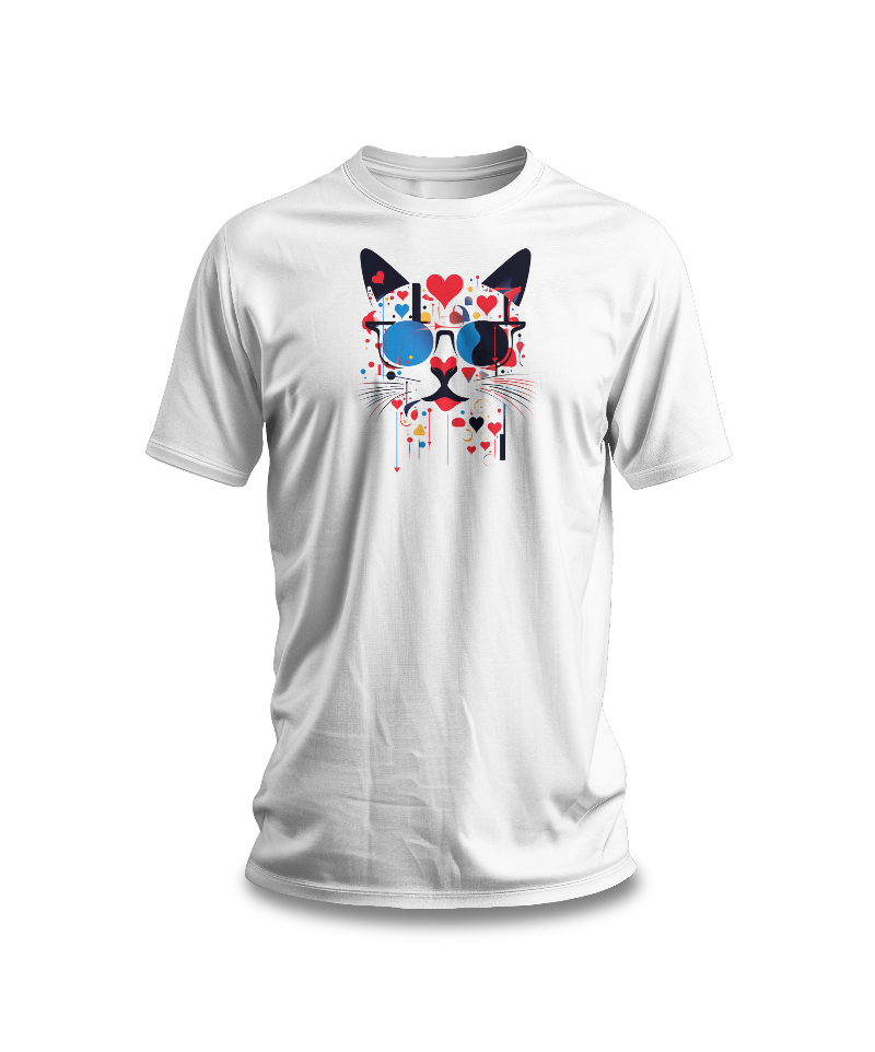 White t-shirt with black cat face, blue sunglasses and red hearts