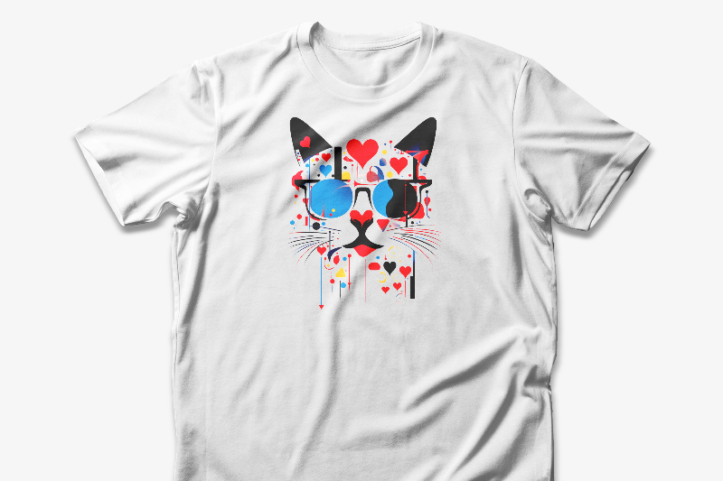 White t-shirt with black cat face, blue sunglasses and red hearts