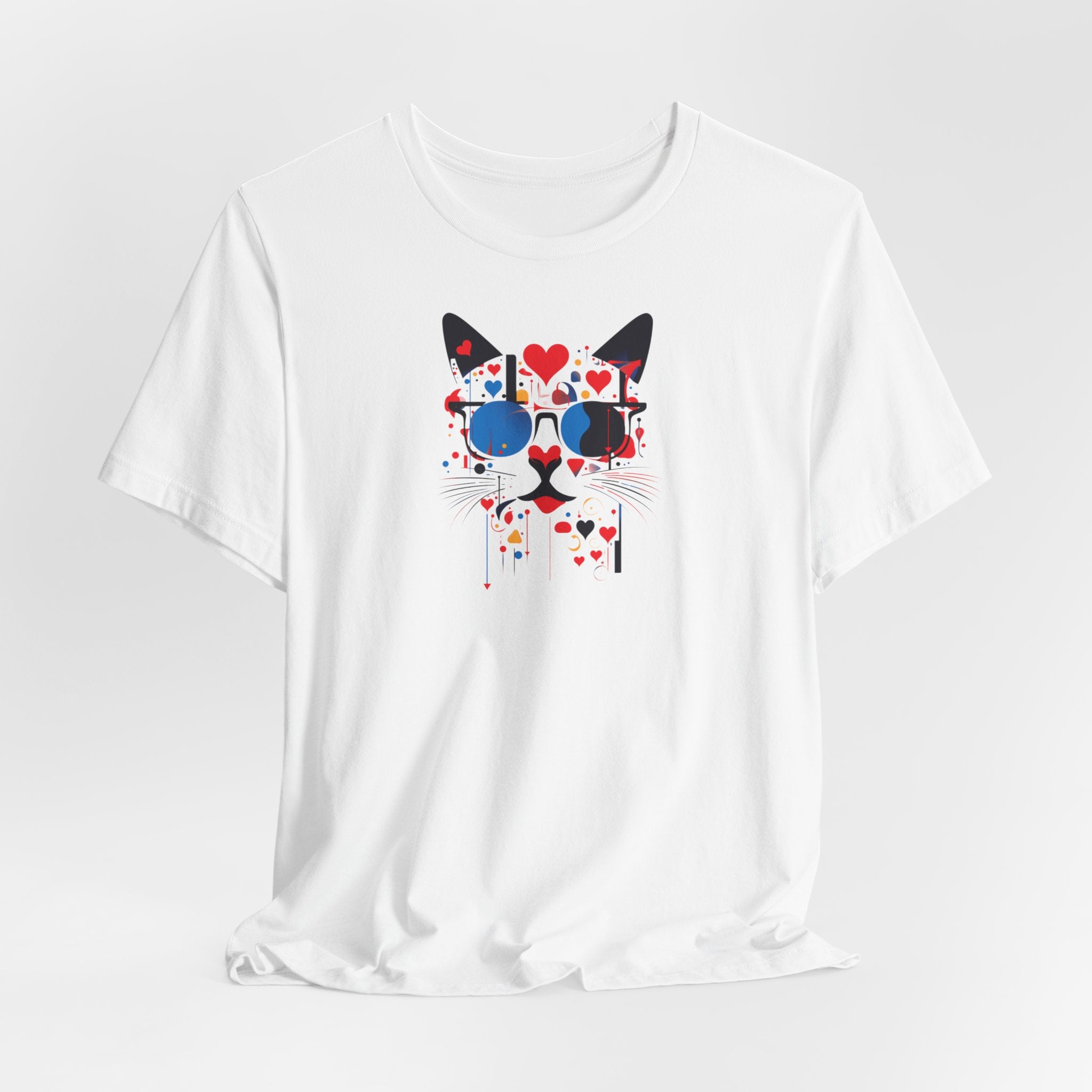 White t-shirt with black cat face, blue sunglasses and red hearts