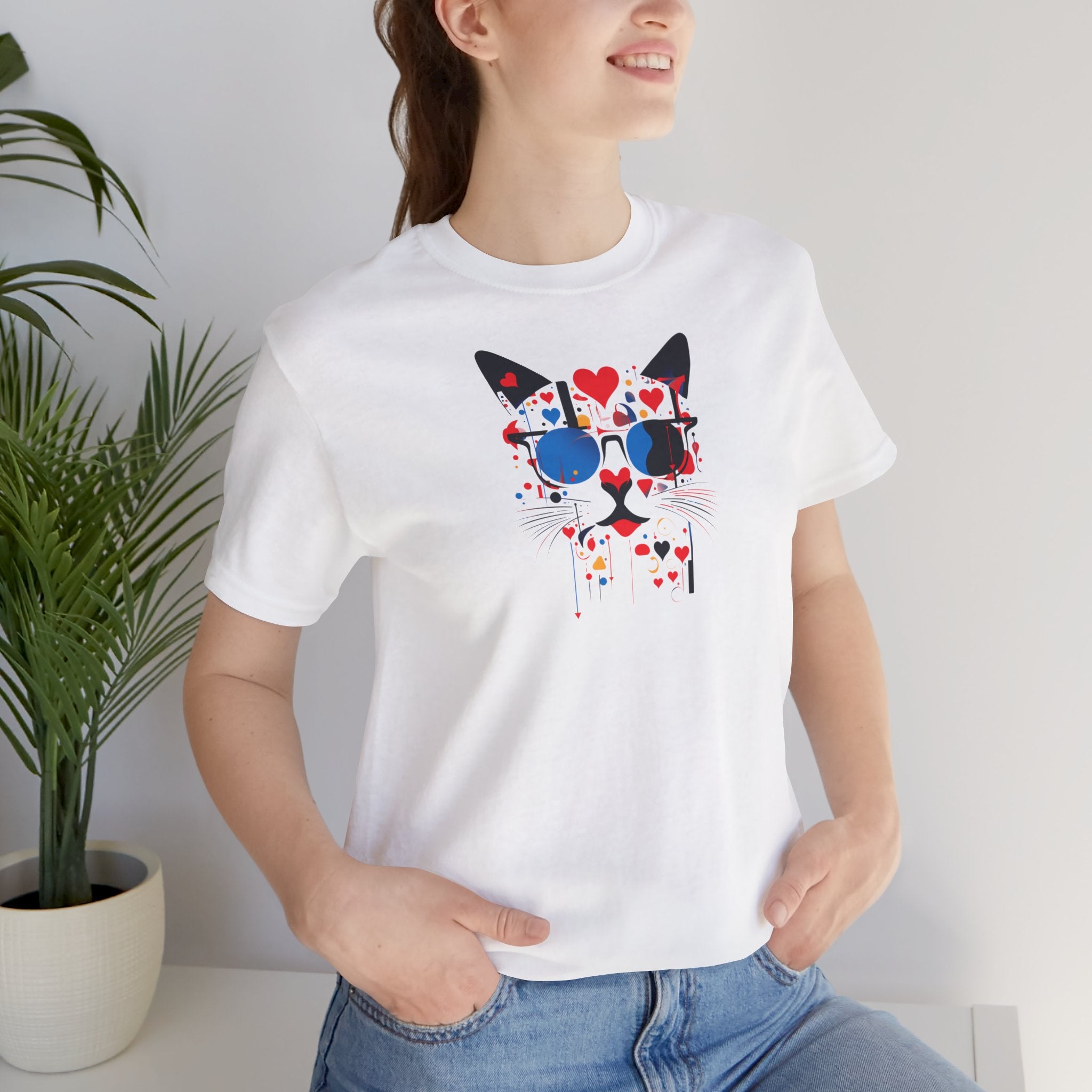White t-shirt with black cat face, blue sunglasses and red hearts