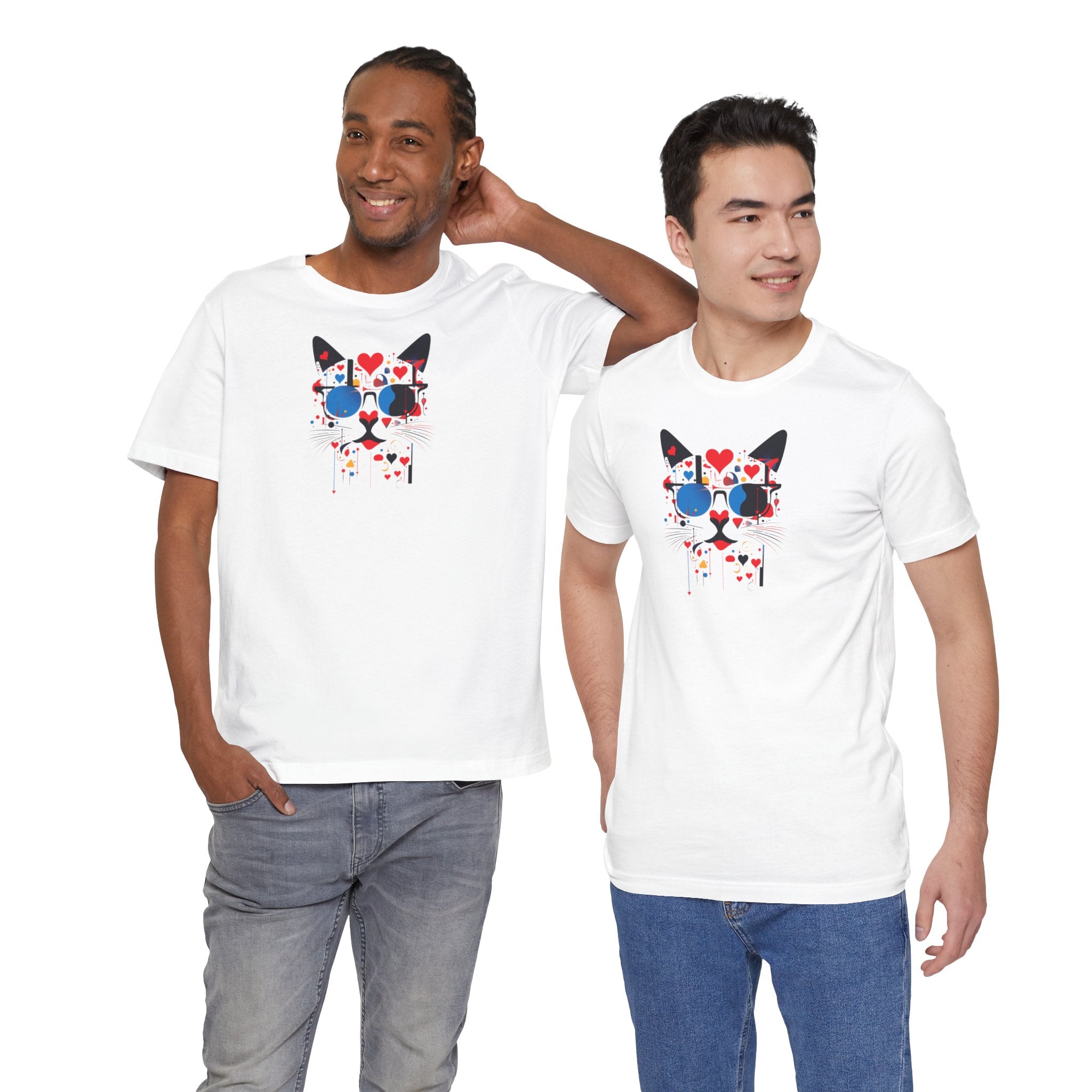 White t-shirt with black cat face, blue sunglasses and red hearts