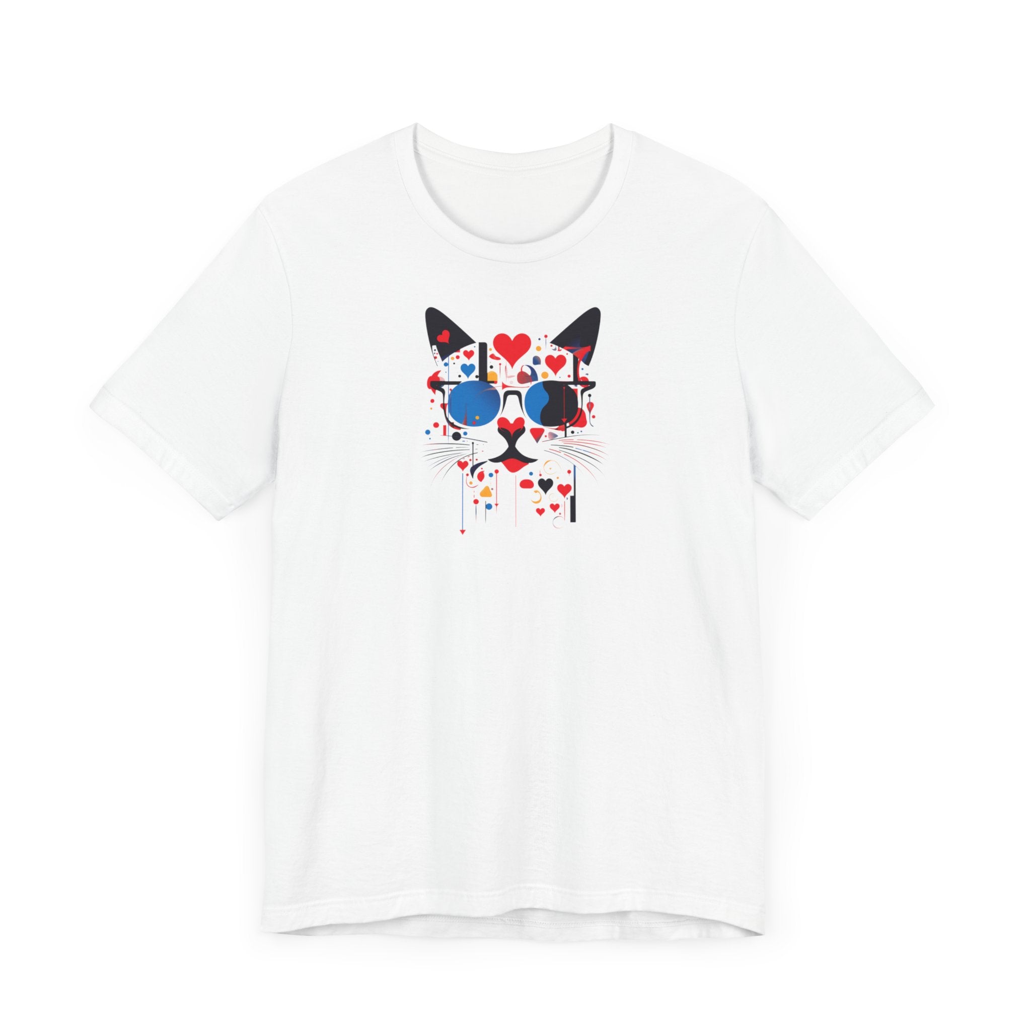 White t-shirt with black cat face, blue sunglasses and red hearts