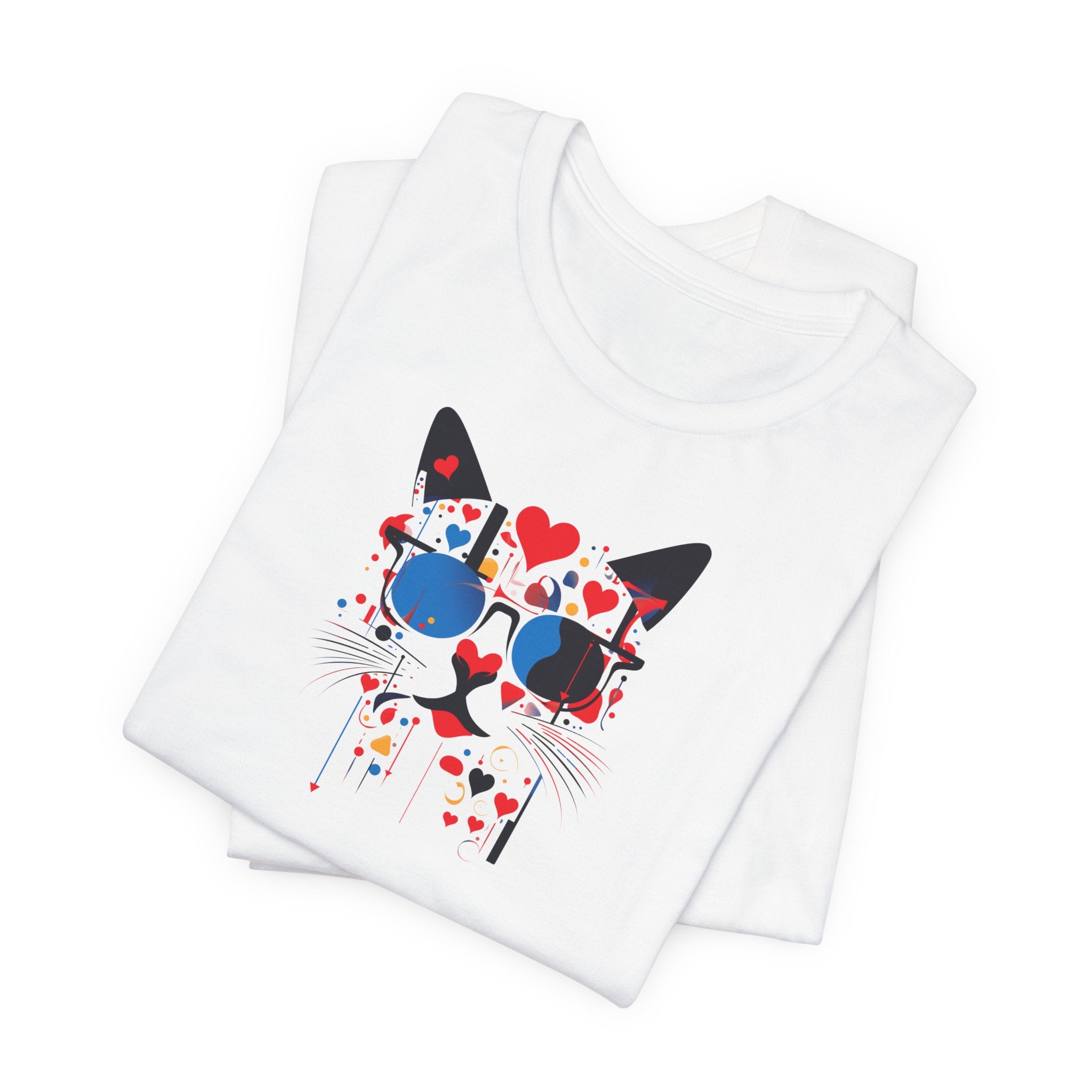 White t-shirt with black cat face, blue sunglasses and red hearts