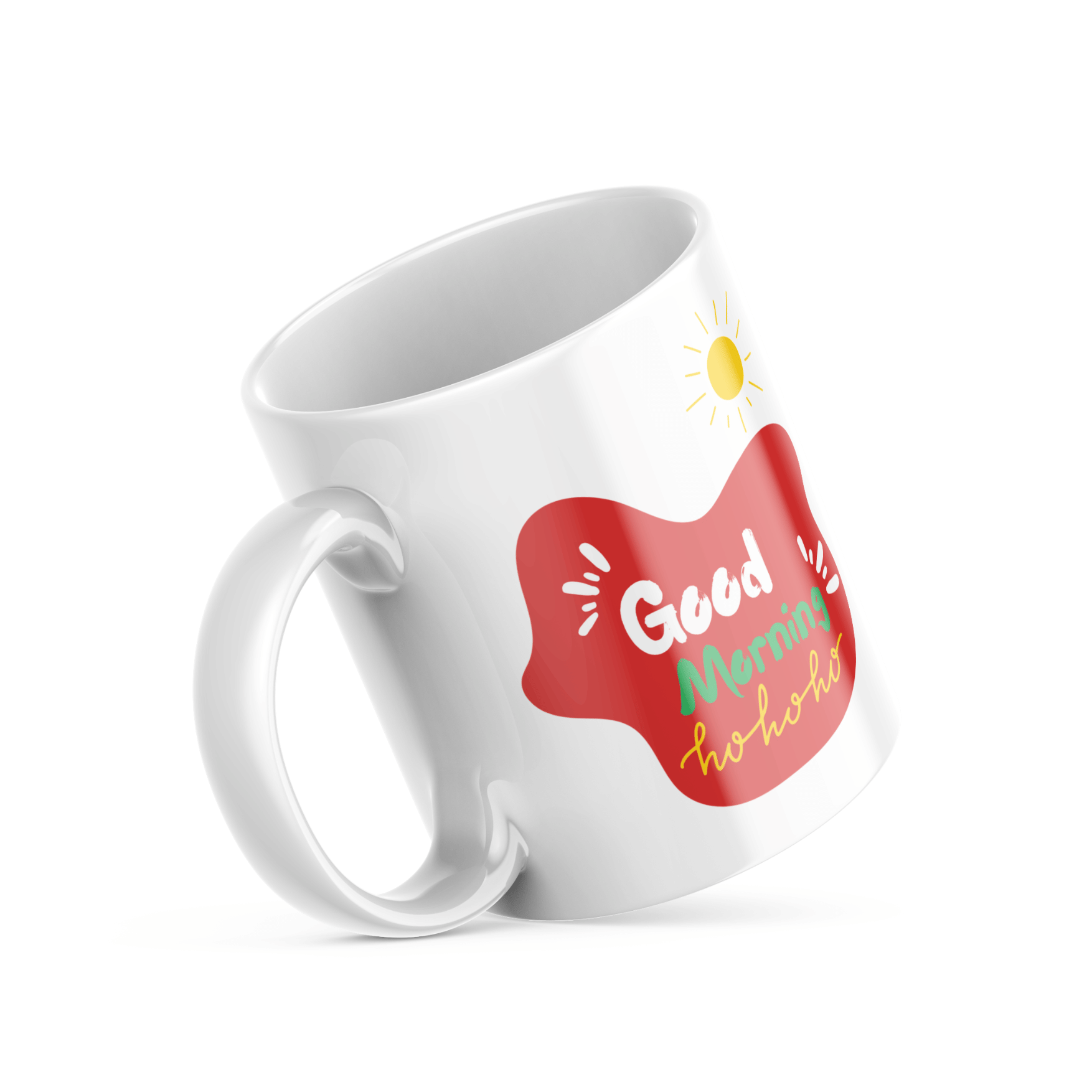 Two ceramic coffee mugs with festive Christmas designs. One mug has a reindeer with a Santa hat and 'Merry Christmas' text, and the other mug has a sun with 'Good Morning Ho Ho Ho' text.