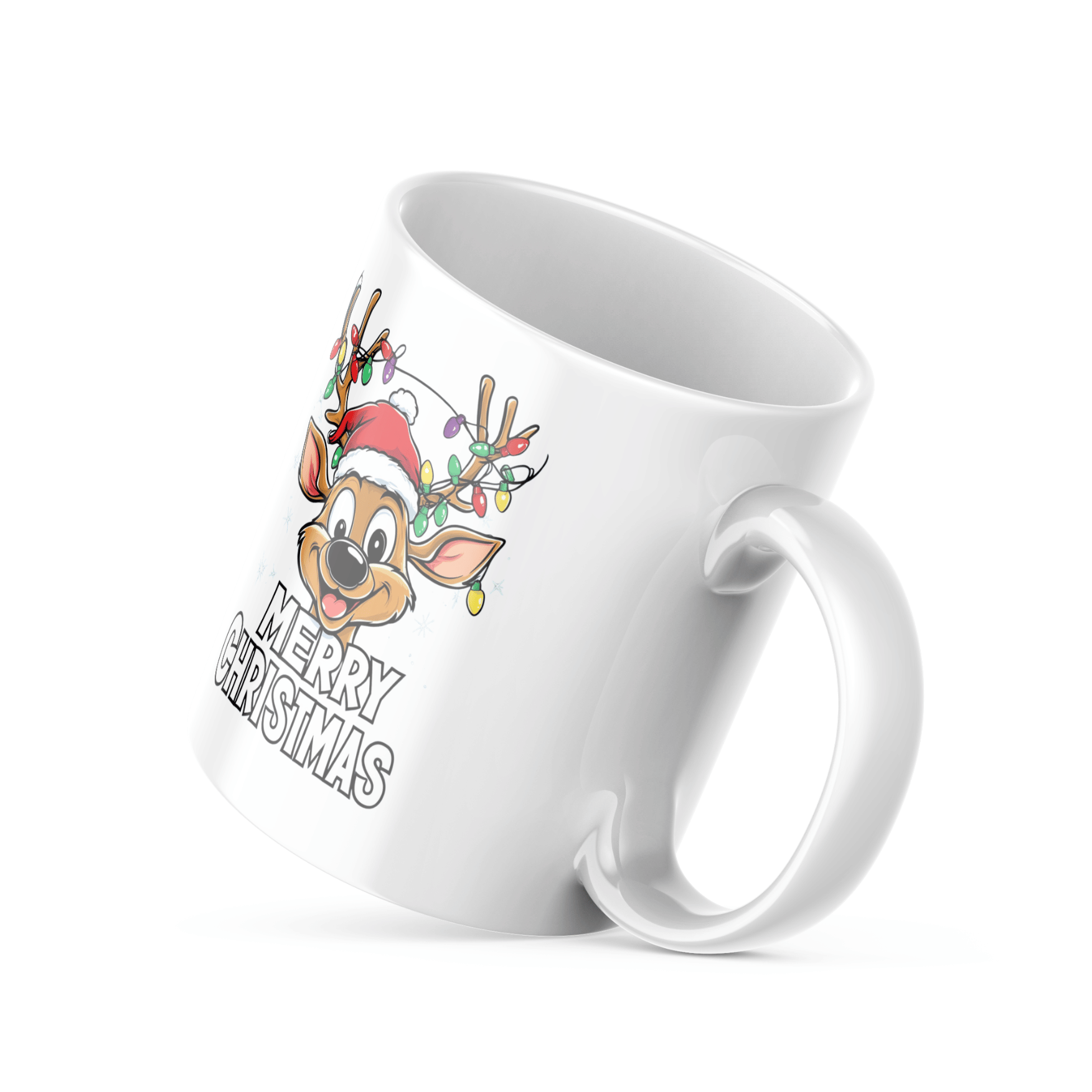 Two ceramic coffee mugs with festive Christmas designs. One mug has a reindeer with a Santa hat and 'Merry Christmas' text, and the other mug has a sun with 'Good Morning Ho Ho Ho' text.