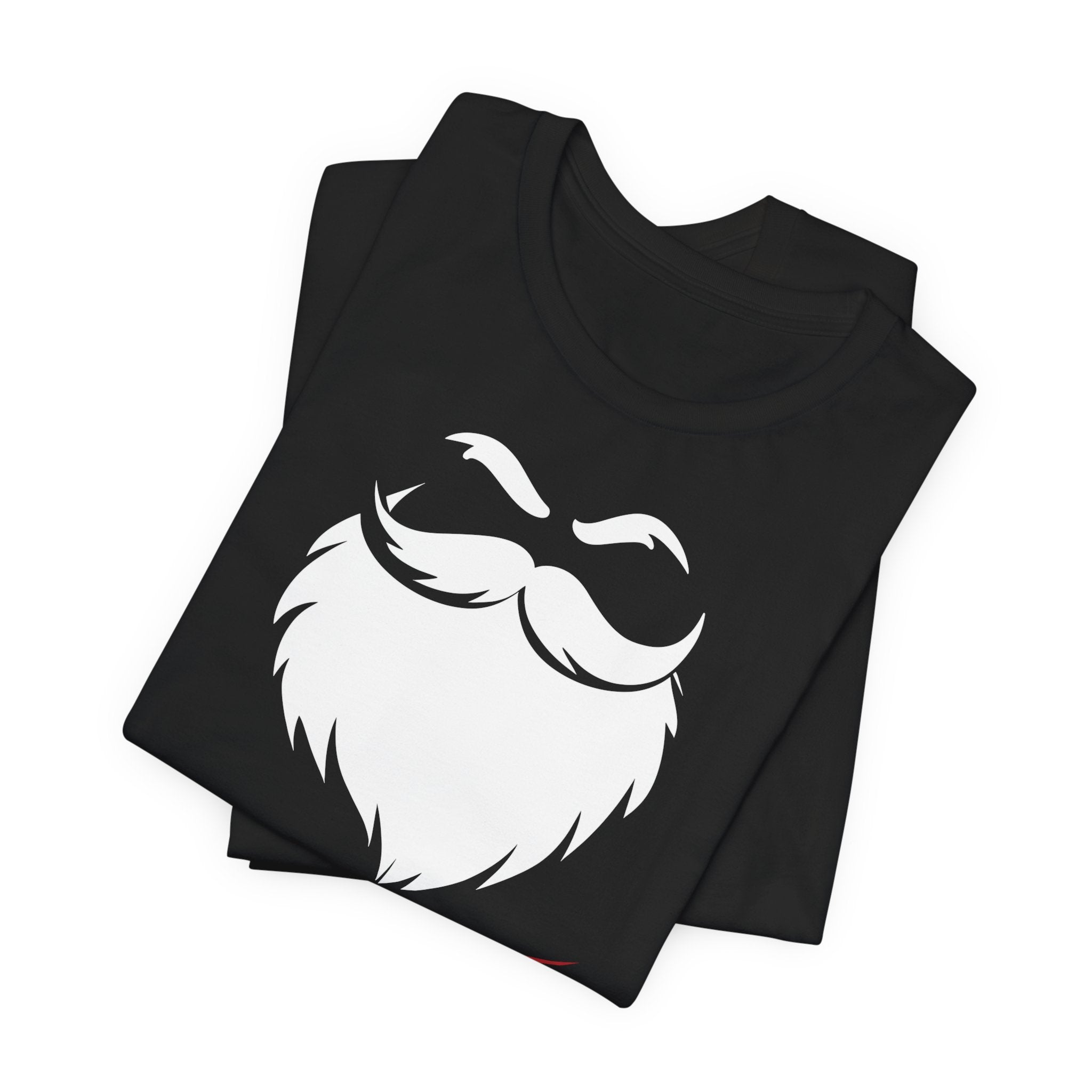 Black t-shirt with a white beard design on a white background