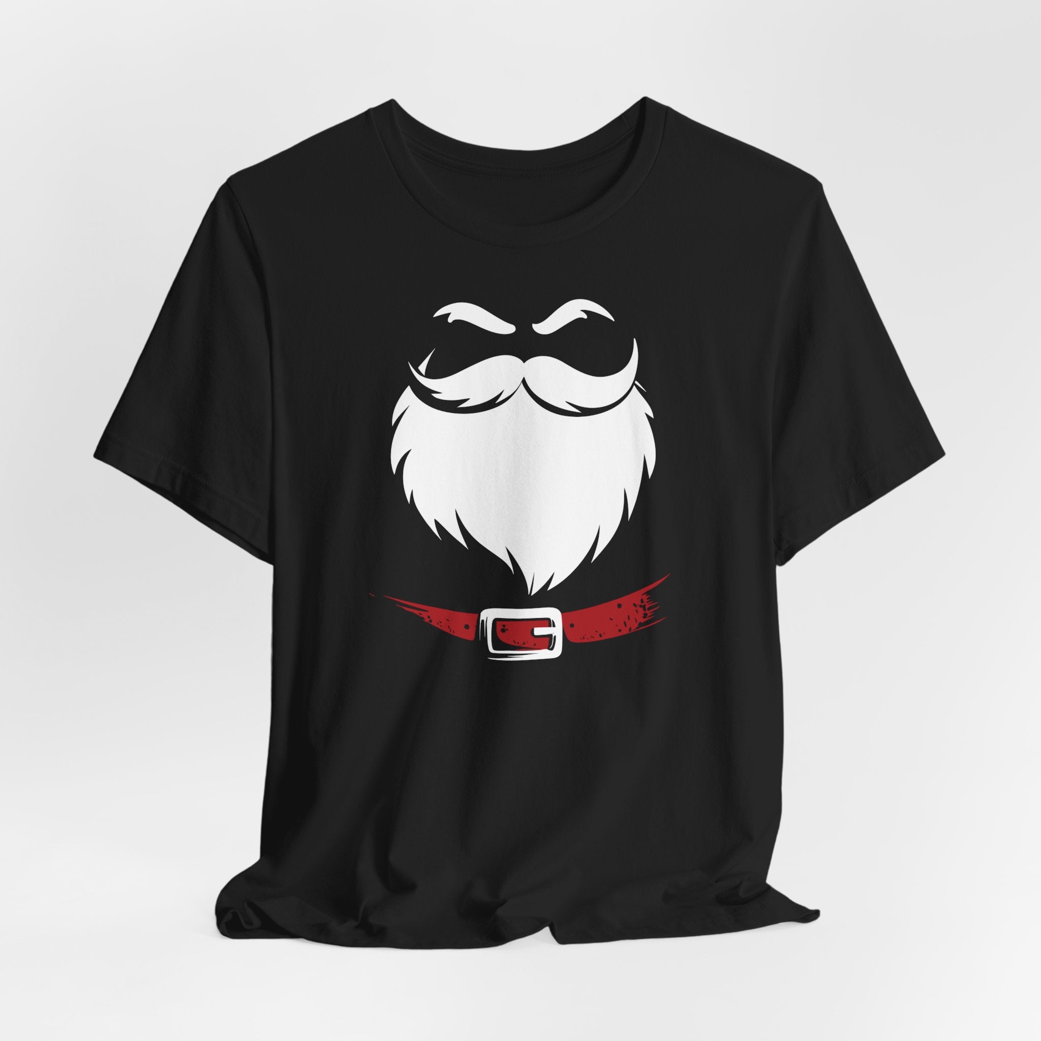 Black t-shirt with a white beard and red belt graphic on a light gray background