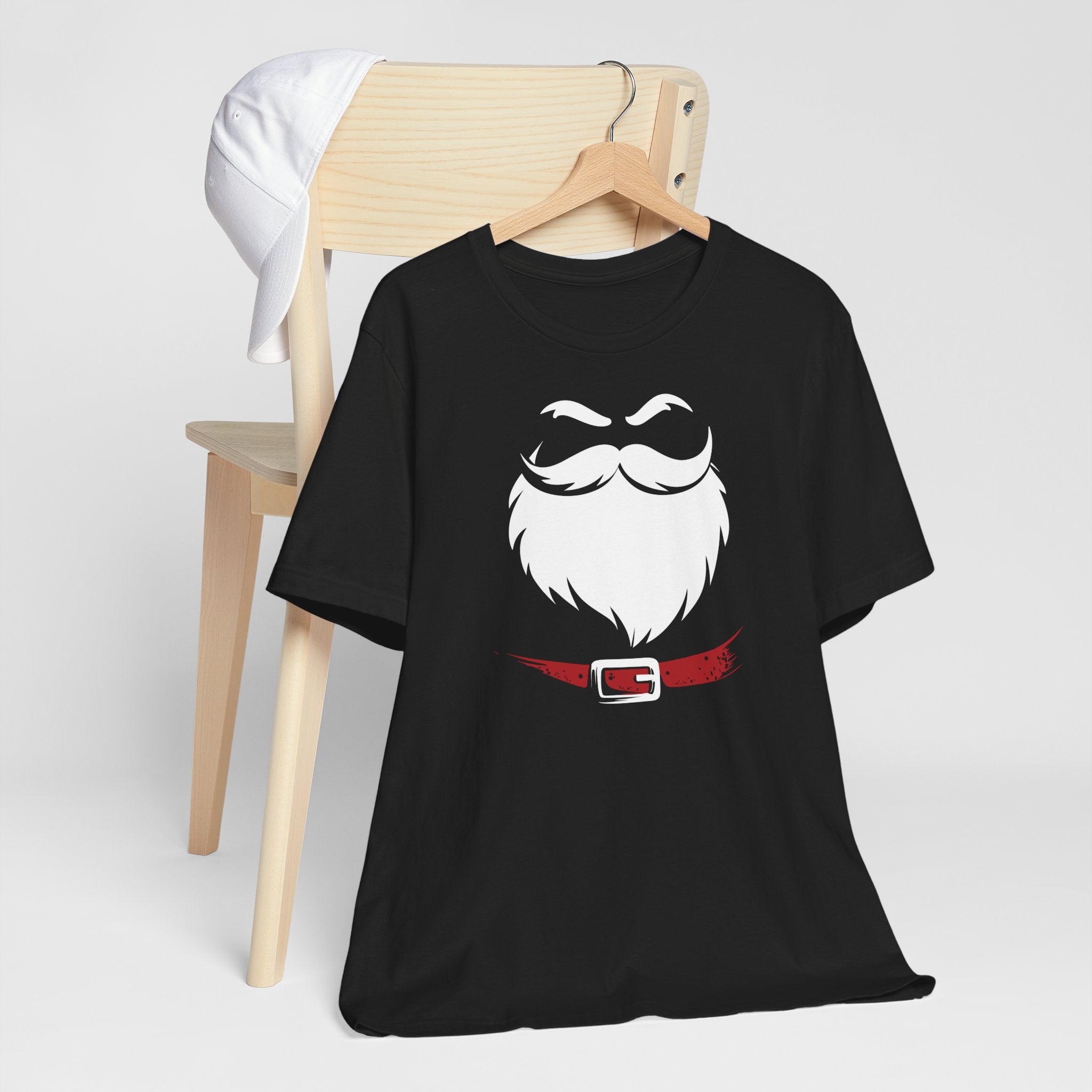 Black t-shirt with a beard graphic design on a white background