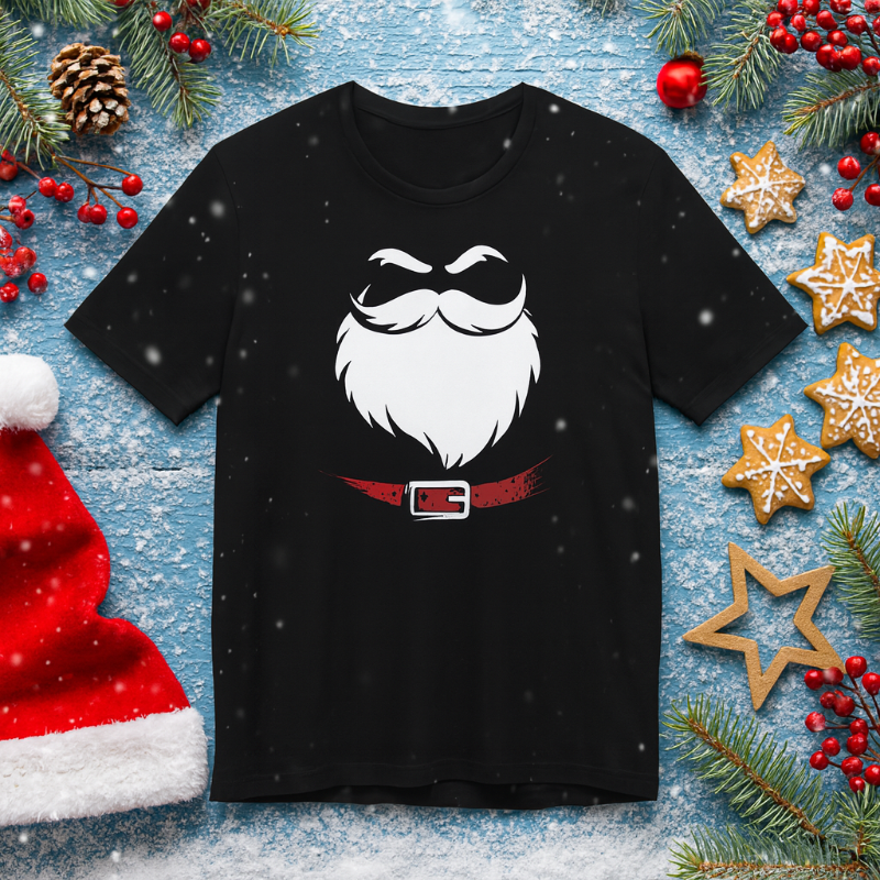Black t-shirt with Santa Claus beard design on a festive background with Christmas decorations.