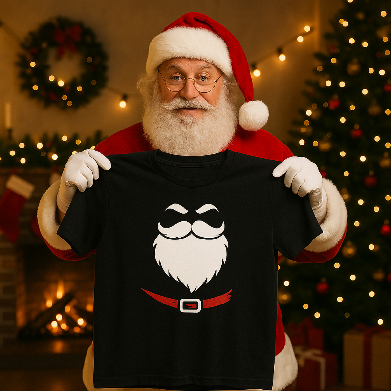 Santa Claus holding a black t-shirt with a white beard design in a festive setting.