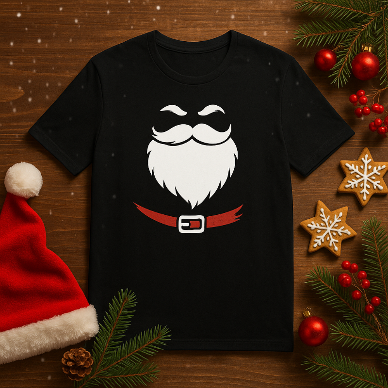 Black t-shirt with Santa Claus face design on a wooden surface with Christmas decorations.