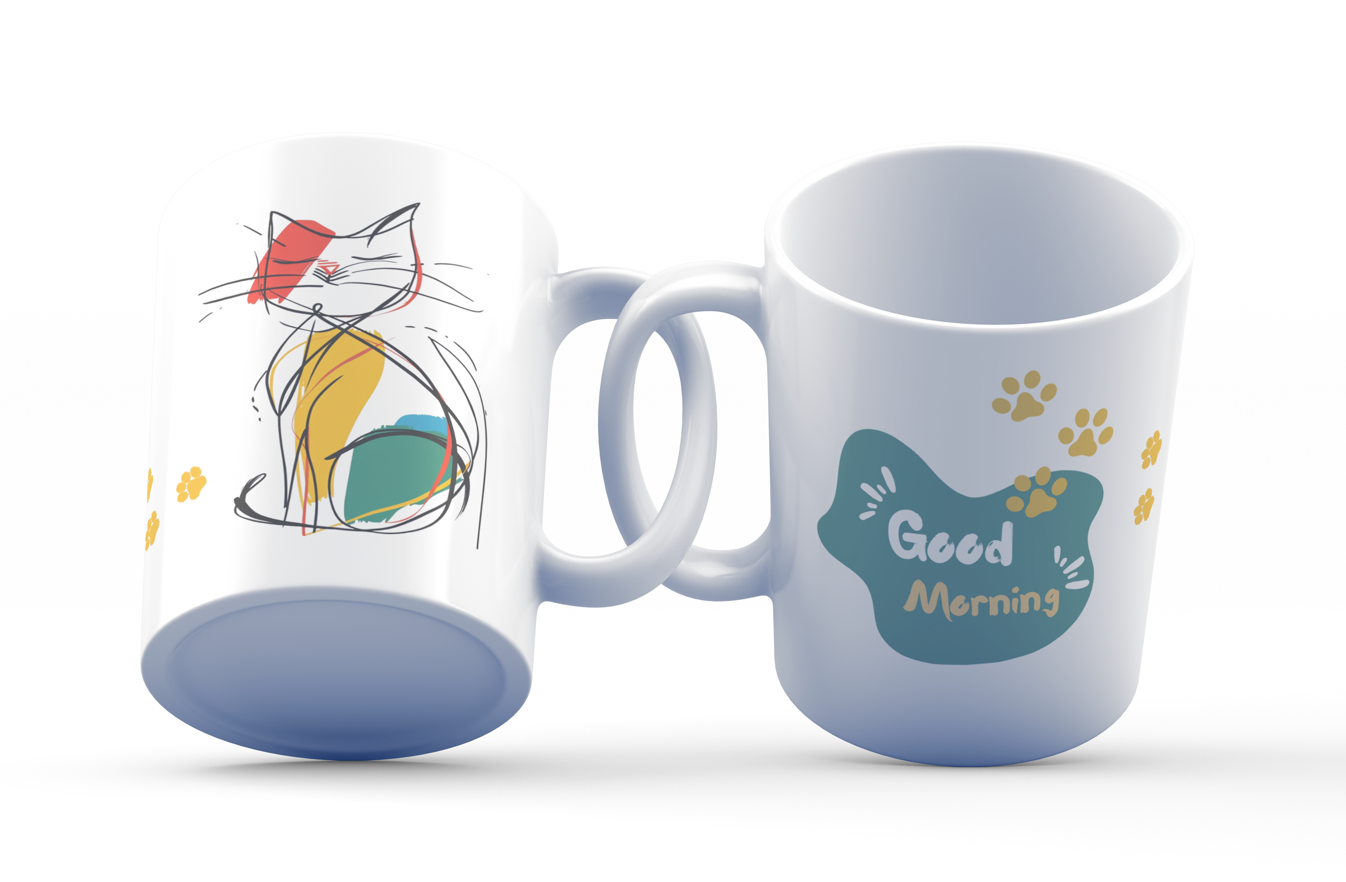 Two white ceramic mugs with colorful cat artwork and the text 'Good Mernin'. One mug displays a cat with a red collar, and the other has a blue handle with paw prints.