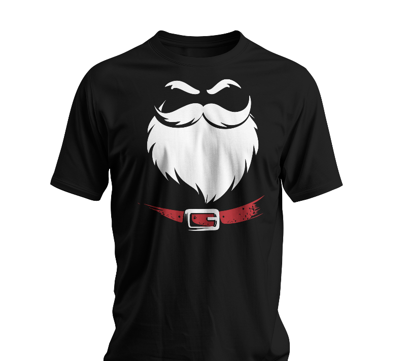 Black t-shirt with a white beard and red belt graphic on a white background