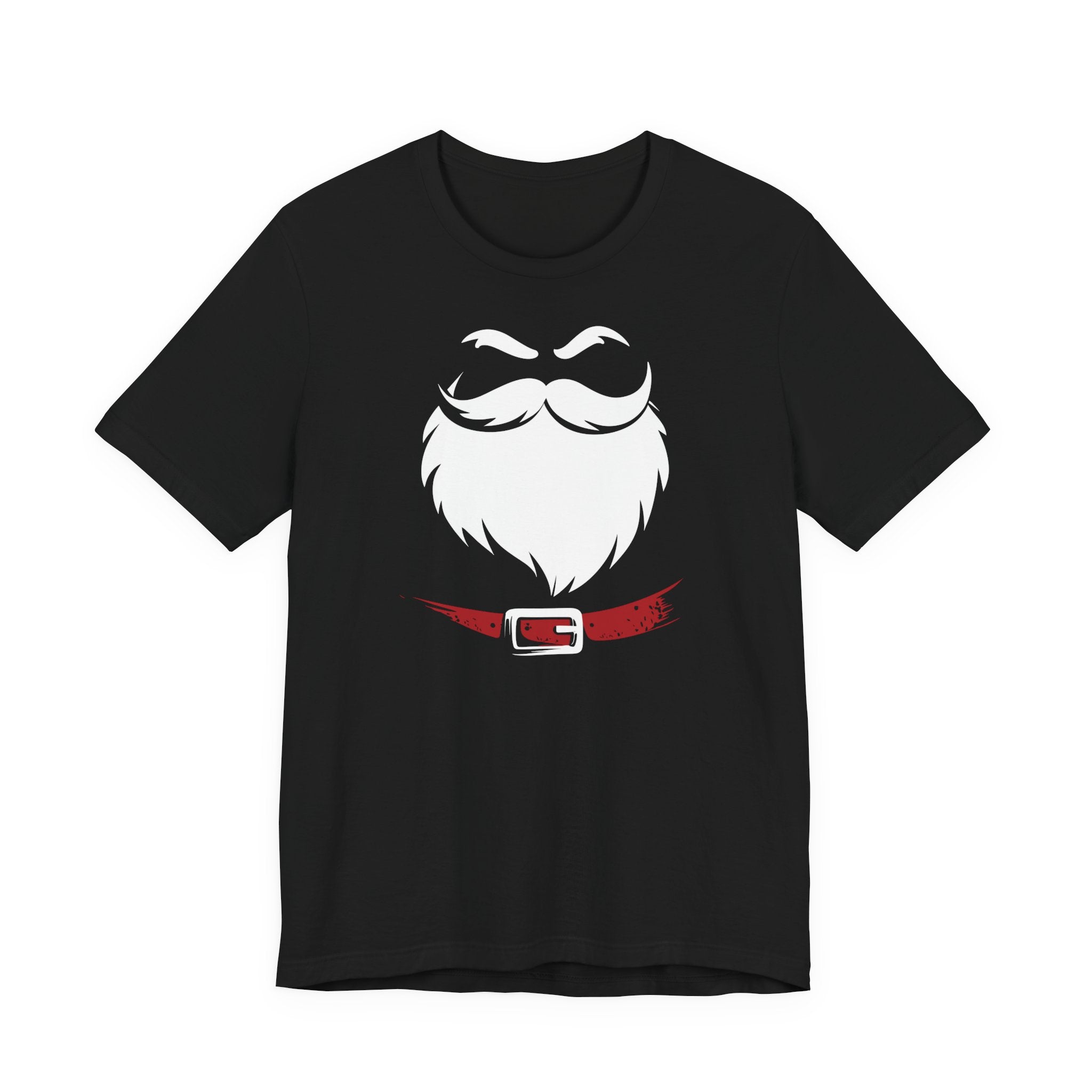Black t-shirt with a white beard and red belt graphic on a white background