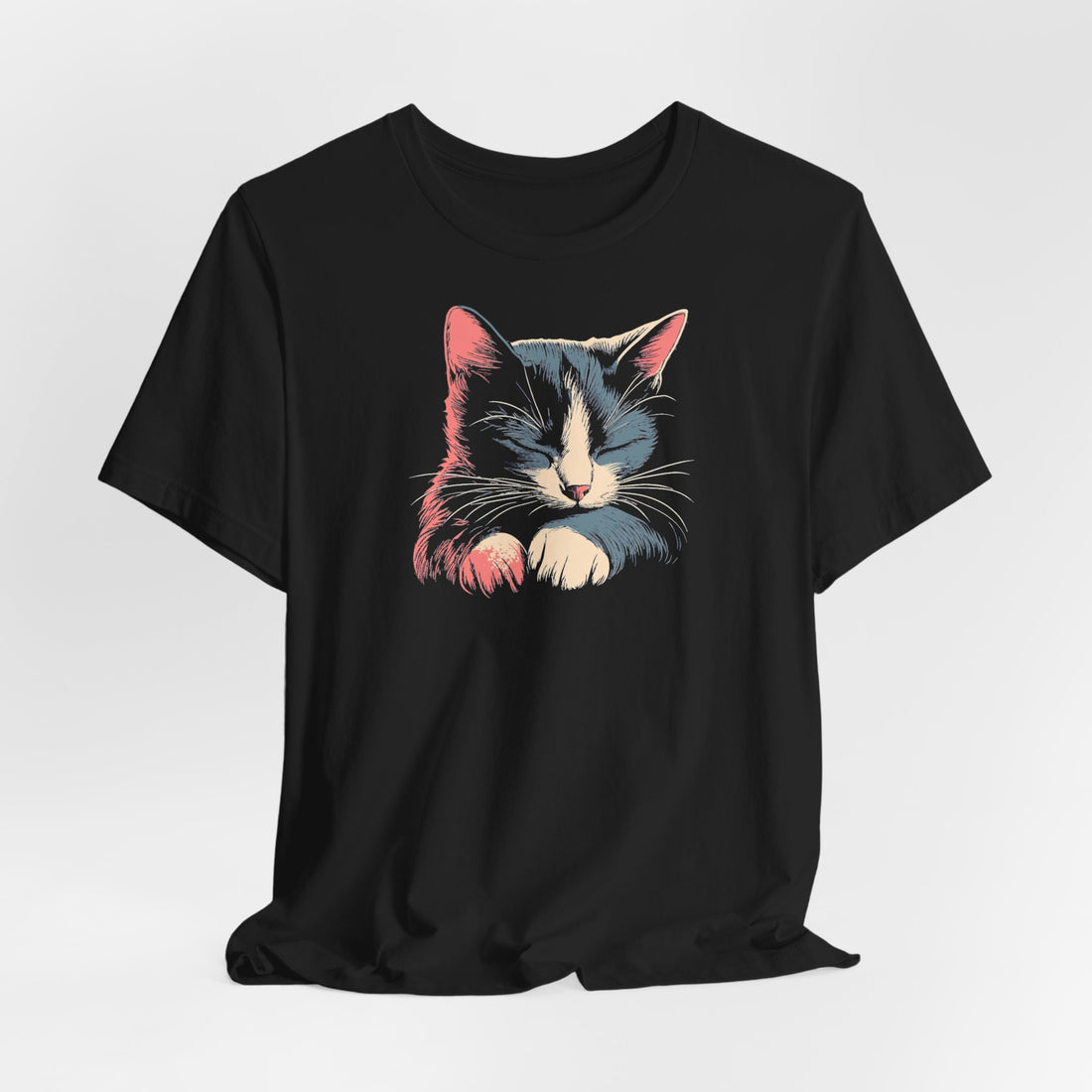 Sleeping Cat Graphic T-Shirt | Black Cotton Tee with Adorable Cat Design | Comfortable and Stylish Casual Wear for Animal Lovers | Unisex Graphic Tee for Men and Women