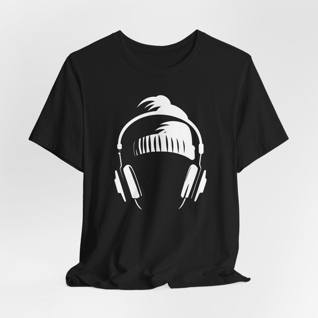 Headphones and Beanie Graphic T-Shirt | Black Cotton Tee with Minimalist Music Design | Stylish and Comfortable Unisex Shirt for Music Enthusiasts