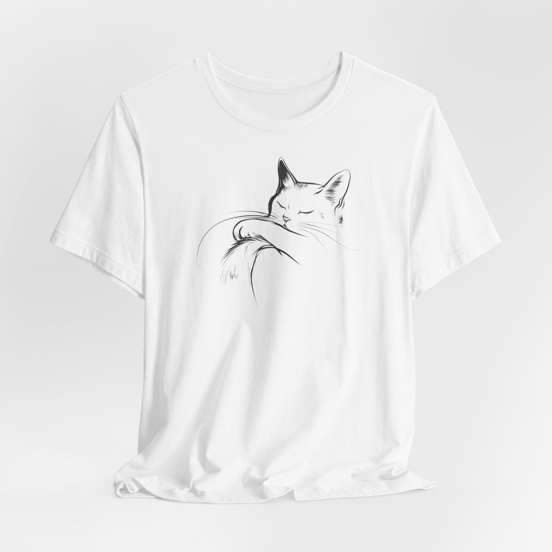 Sleeping Cat Line Art T-Shirt | White Cotton Tee with Minimalist Cat Design | Stylish and Comfortable Unisex Shirt for Cat Lovers