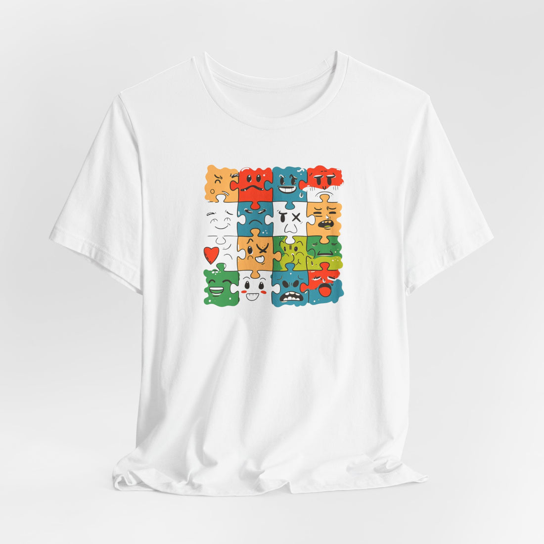 Colorful Puzzle Face Expression T-Shirt – Fun and Unique Graphic Tee for All Ages