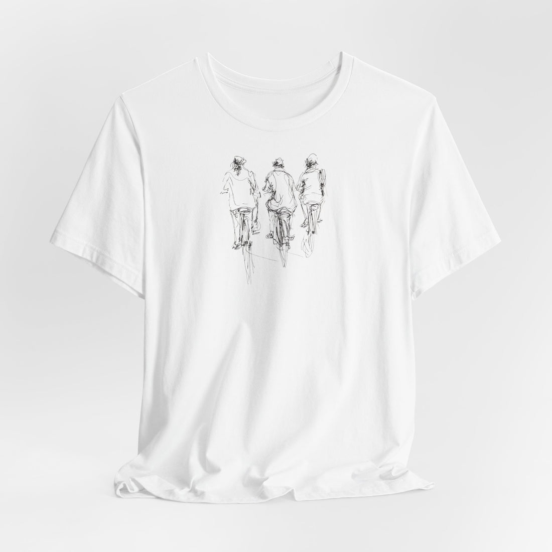 Sketch Cycling Trio T-Shirt | White Cotton Tee with Artistic Cyclist Design | Casual Unisex Shirt for Everyday Wear