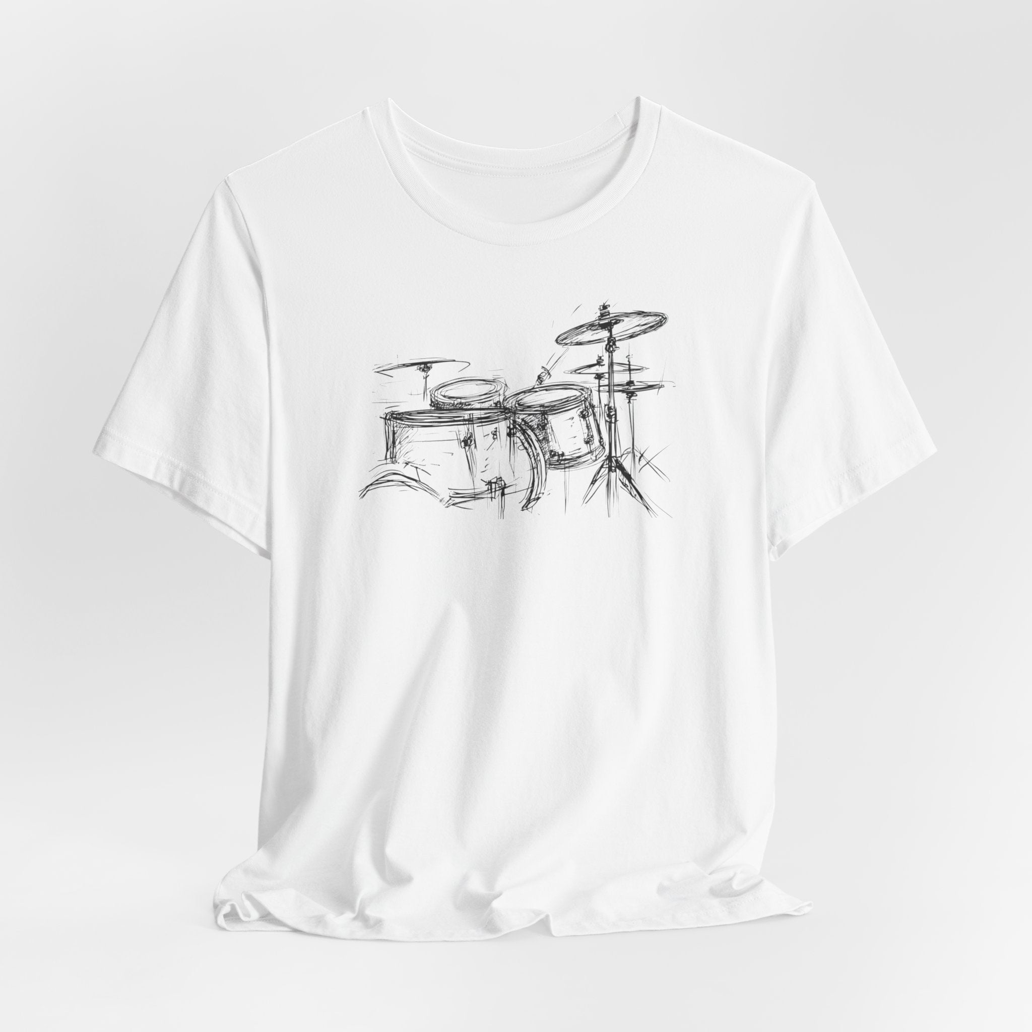 White cotton t-shirt with a hand-drawn artistic sketch of a drum kit in the center.