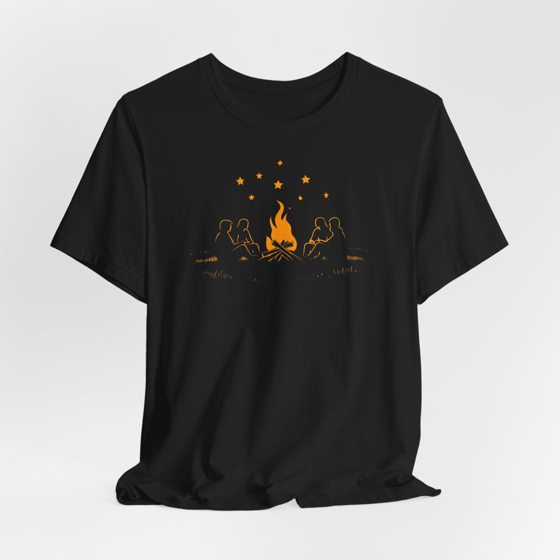 Campfire and Starry Night T-Shirt | Black Cotton Unisex Tee with Warm Bonfire Design | Perfect for Outdoor Lovers