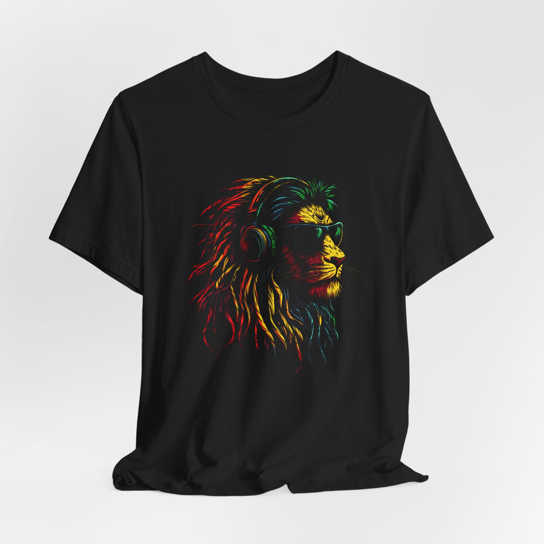 Lion Graphic T-Shirt | Black Lion Tee with Headphones and Sunglasses | Colorful Lion Design for Music and Animal Lovers | Cotton Graphic Tee for Men and Women | Casual Stylish Unisex Shirt