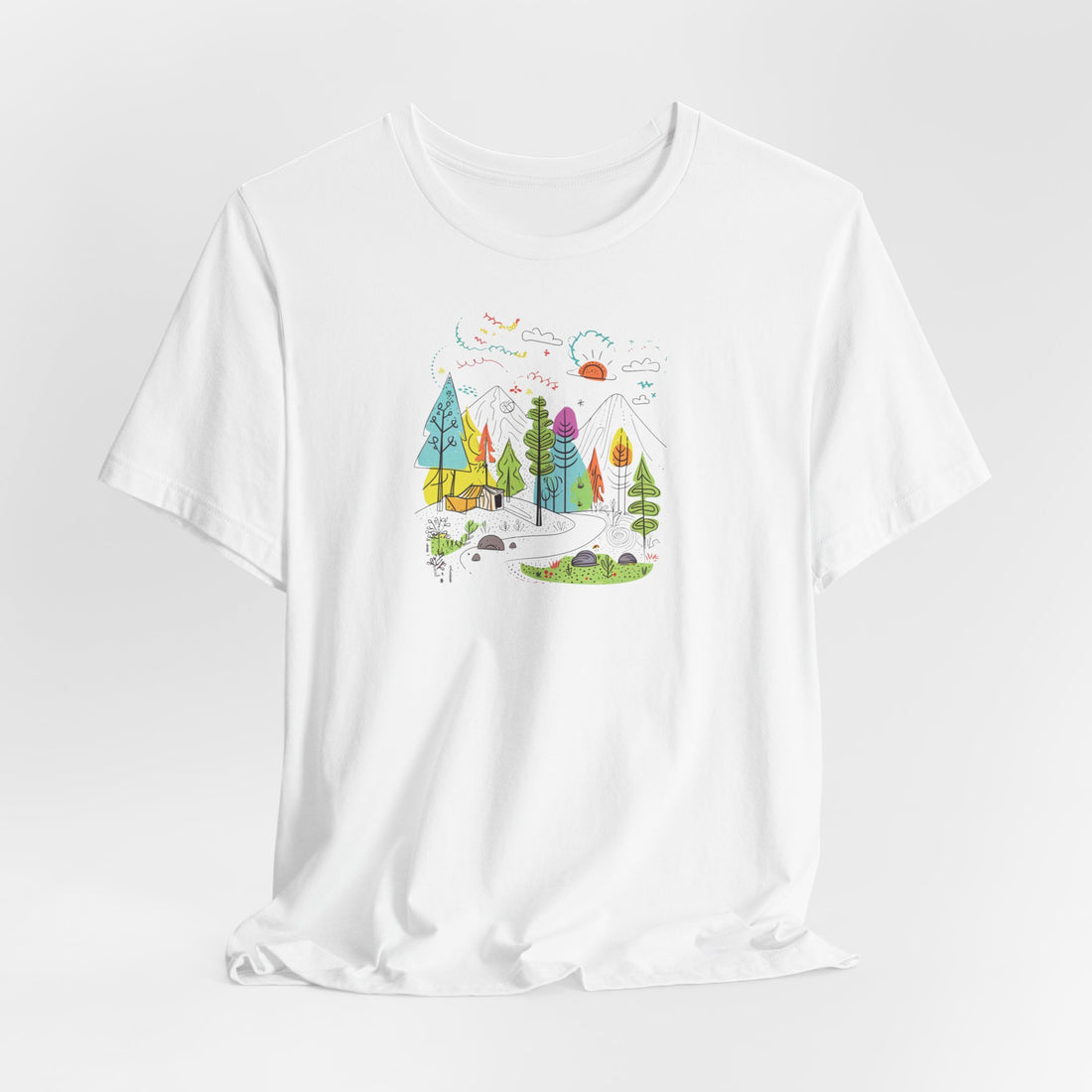 Whimsical Nature Adventure T-shirt | Colorful Doodle Mountain Design | Outdoor Enthusiast Graphic Tee