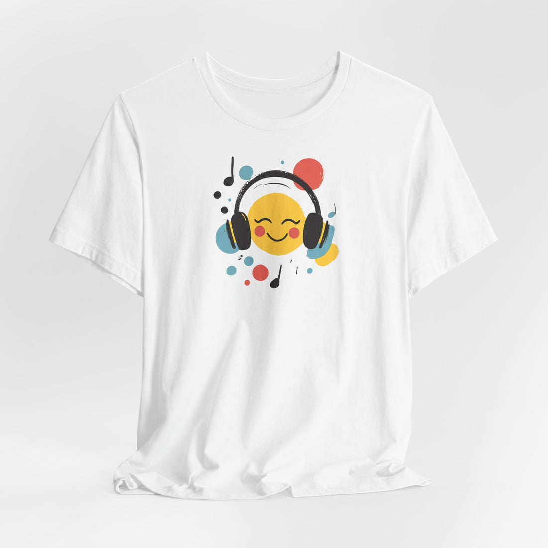 Smiley Face with Headphones T-Shirt | White Cotton Tee with Fun Music Emoji Design | Stylish and Comfortable Unisex Shirt