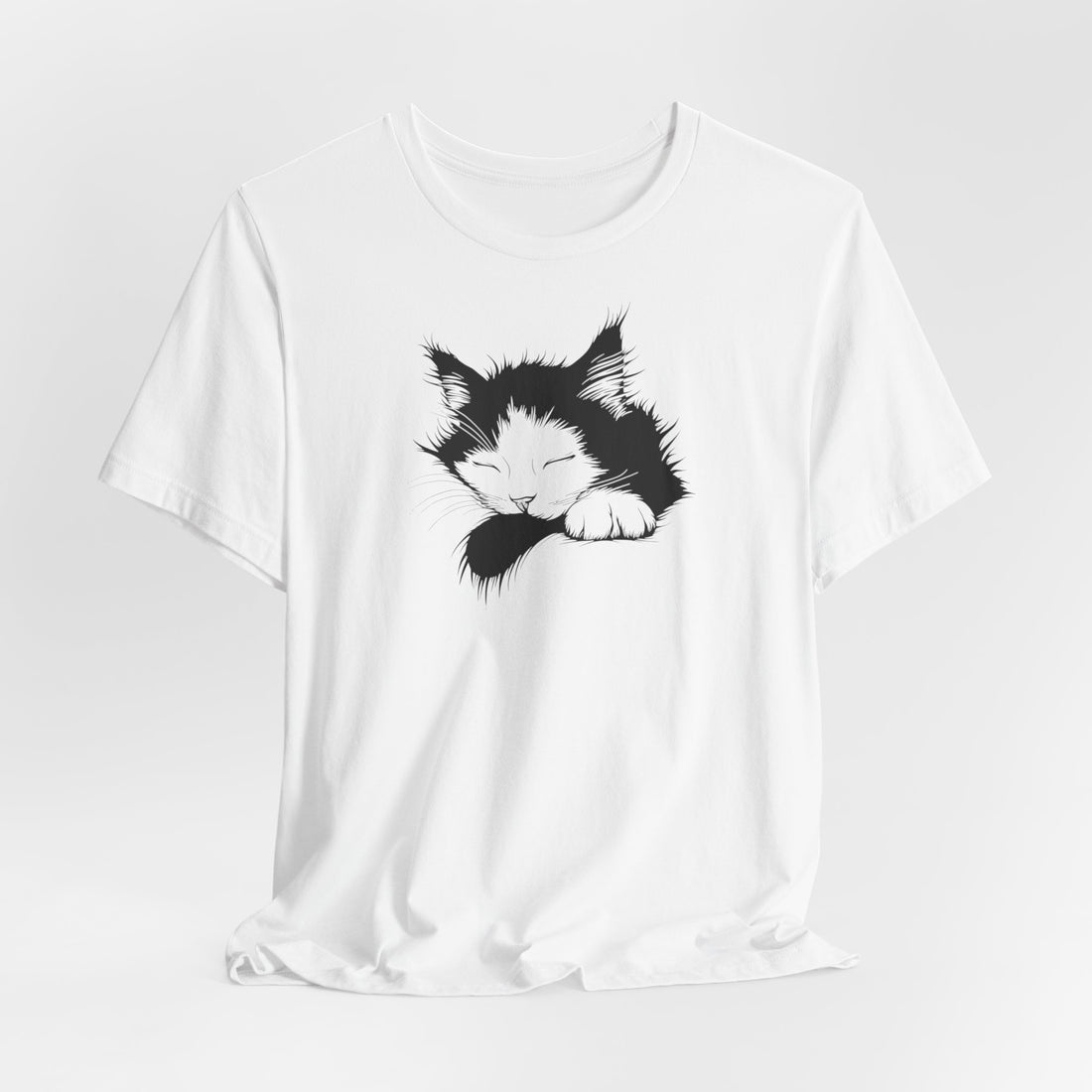 Sleeping Cat T-Shirt | White Cotton Tee with Black and White Cat Design | Comfortable and Stylish Unisex Shirt for Cat Lovers