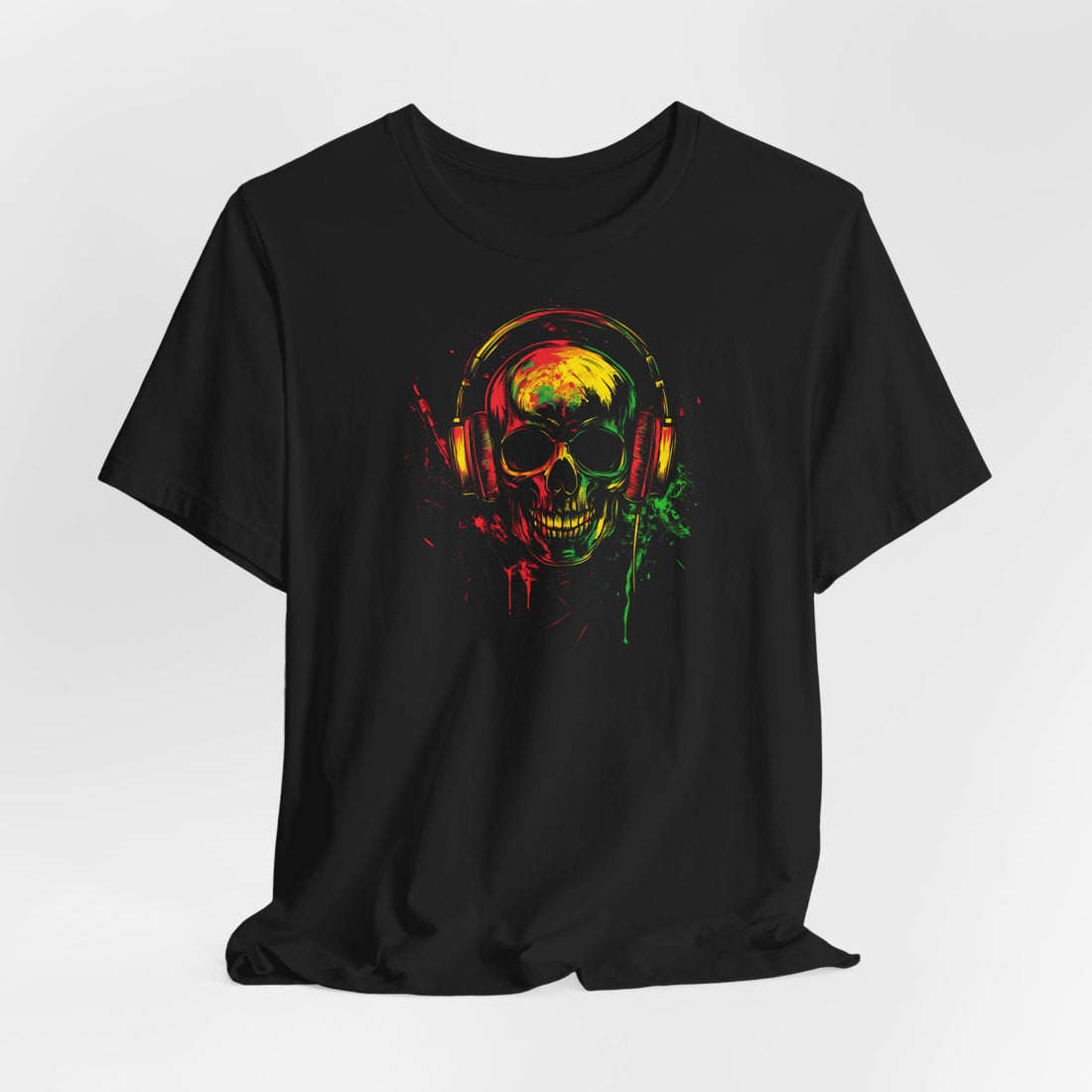 Vibrant Skull with Headphones T-Shirt | Black Cotton Unisex Tee with Colorful Skull Design | Perfect for Music and Art Lovers