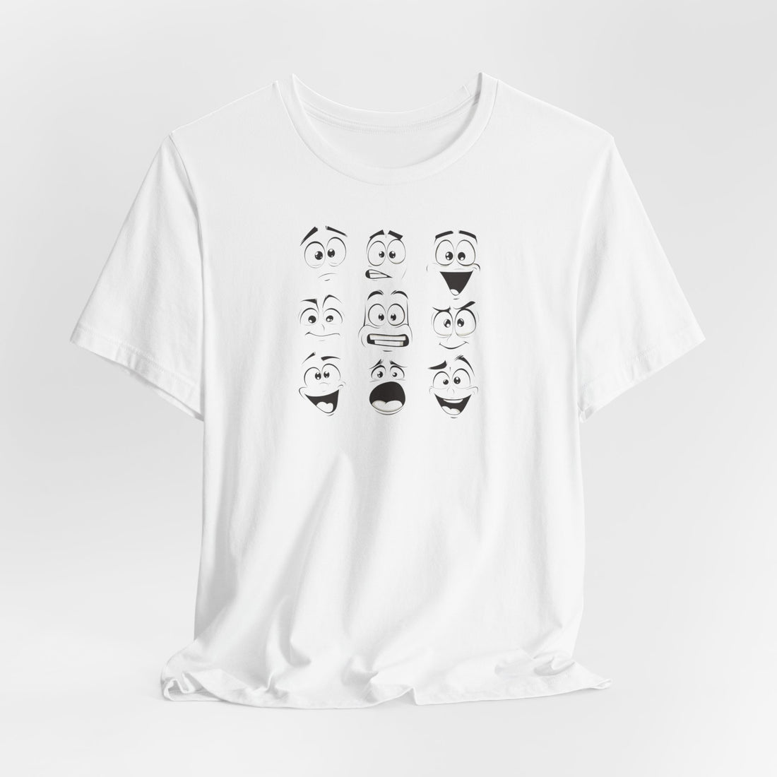 Cartoon Faces T-Shirt | White Cotton Unisex Tee with Fun Expressive Emotions Design | Perfect for Casual Wear