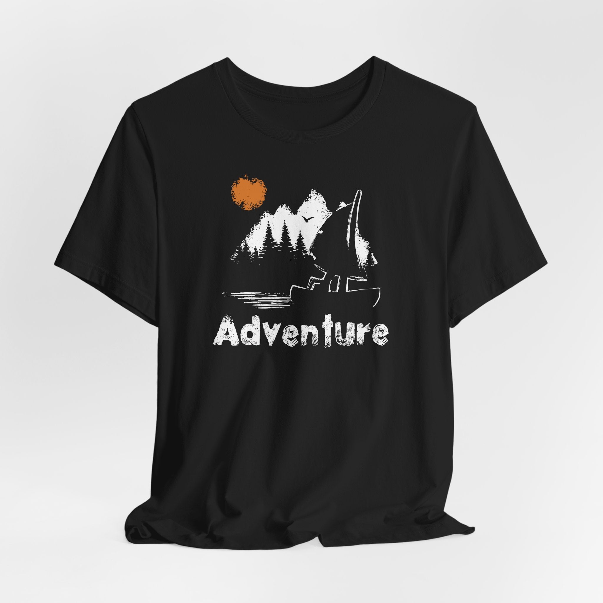 Black Adventure T-Shirt – Canoe, Forest & Sunset Design – Hiking Gift UK