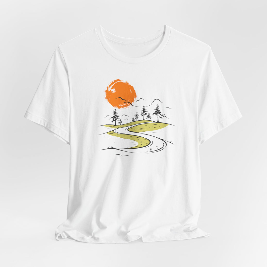 Sunset Landscape T-Shirt | White Cotton Tee with Artistic Nature Design | Comfortable and Stylish Unisex Shirt for Outdoor Enthusiasts