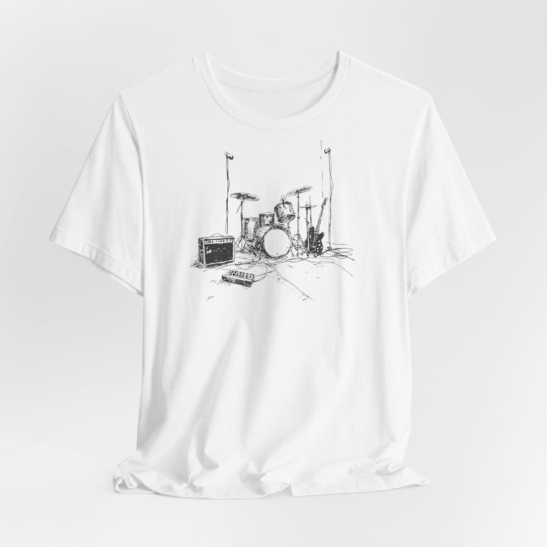 Musical Instruments Line Art T-Shirt | White Cotton Tee with Drum Set and Guitar Sketch Design | Stylish and Comfortable Unisex Shirt