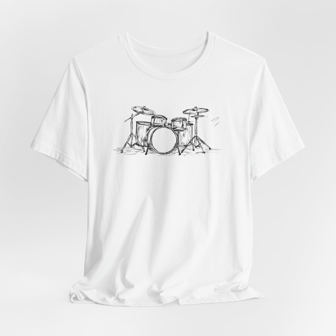 Hand-Drawn Drum Kit T-Shirt | White Cotton Unisex Tee with Artistic Music Design | Perfect for Drummers & Music Lovers