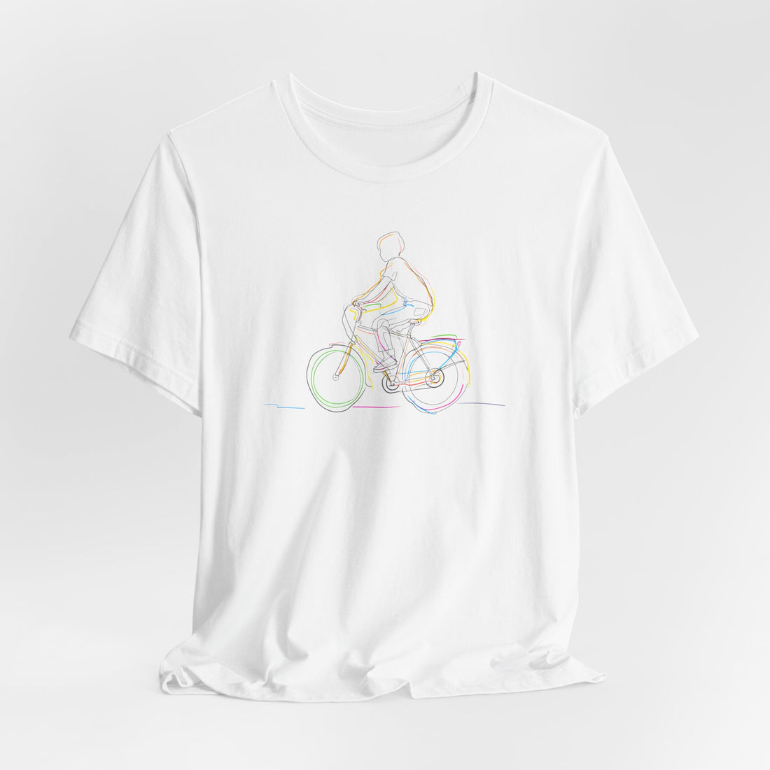 Cyclist Line Art T-Shirt | White Cotton Tee with Minimalist Bicycle Design | Stylish and Comfortable Unisex Shirt for Bike Lovers