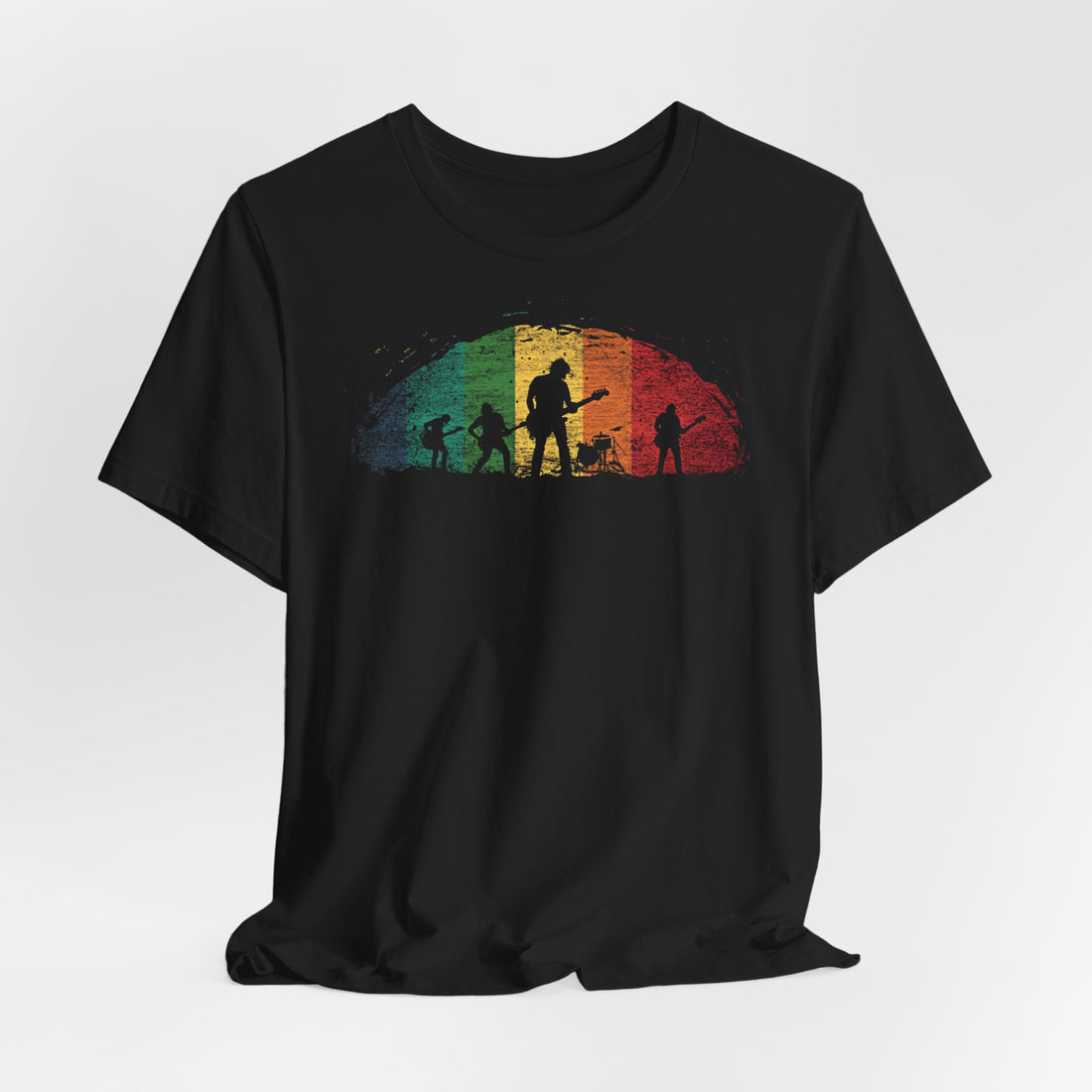 Retro Band Silhouette T-Shirt | Black Cotton Unisex Tee with Rainbow Music Design | Perfect for Concerts & Music Enthusiasts