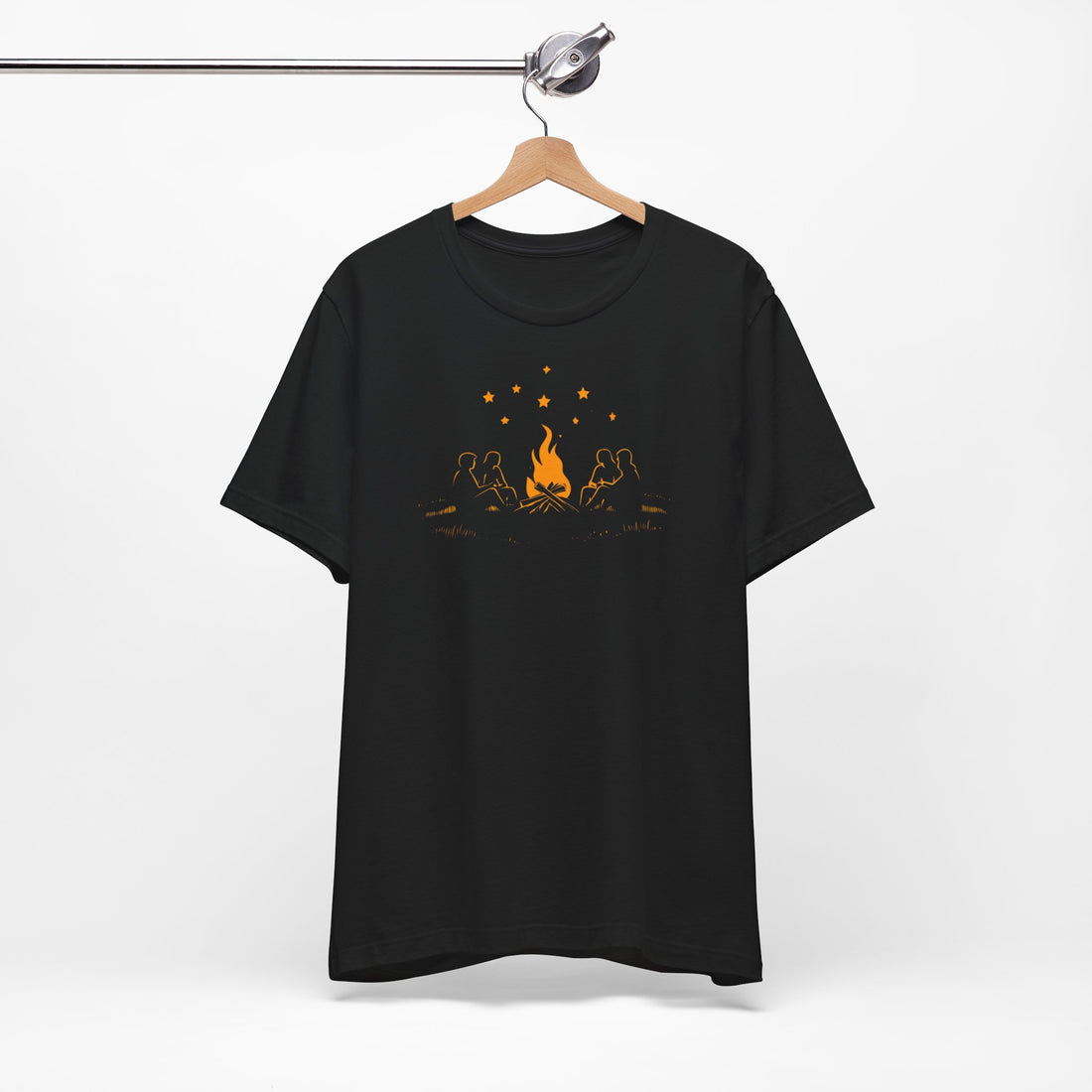 Campfire and Starry Night T-Shirt | Black Cotton Unisex Tee with Warm Bonfire Design | Perfect for Outdoor Lovers